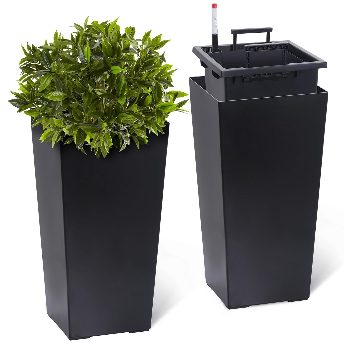 22 Inch Tall Planters Set of 2, Self-Watering Large Outdoor Indoor Planter Pots with Drainage Holes & Water Level Monitor, Planters with Inner Bucket and Movable Wheels for Patio, Front Porch, Garden