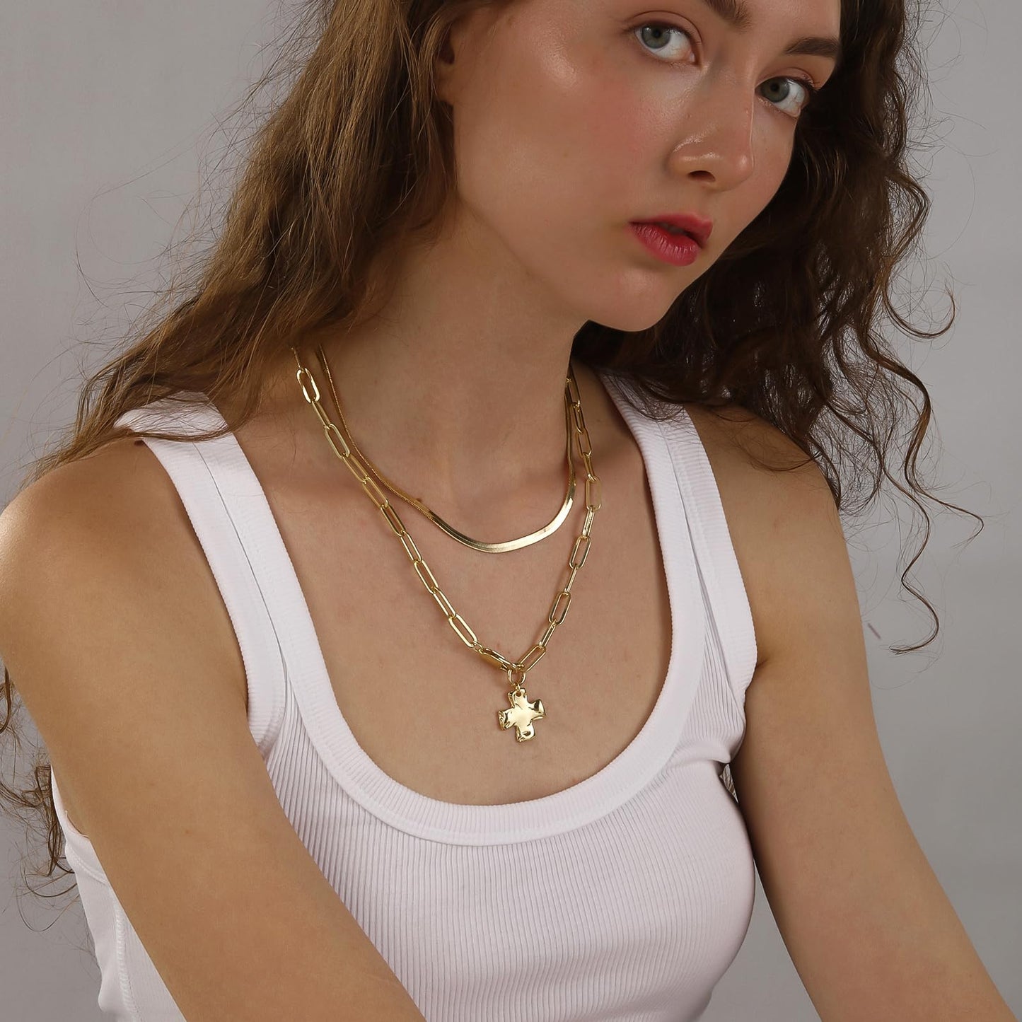 Bheop Chunky Cross Necklace for Women Trendy 14K Gold Plated Layered Statement Cross Pendant Charm Necklace Vintage Paperclip Herringbone Snake Choker Chain Costume Jewelry Set Gift Non Tarnish