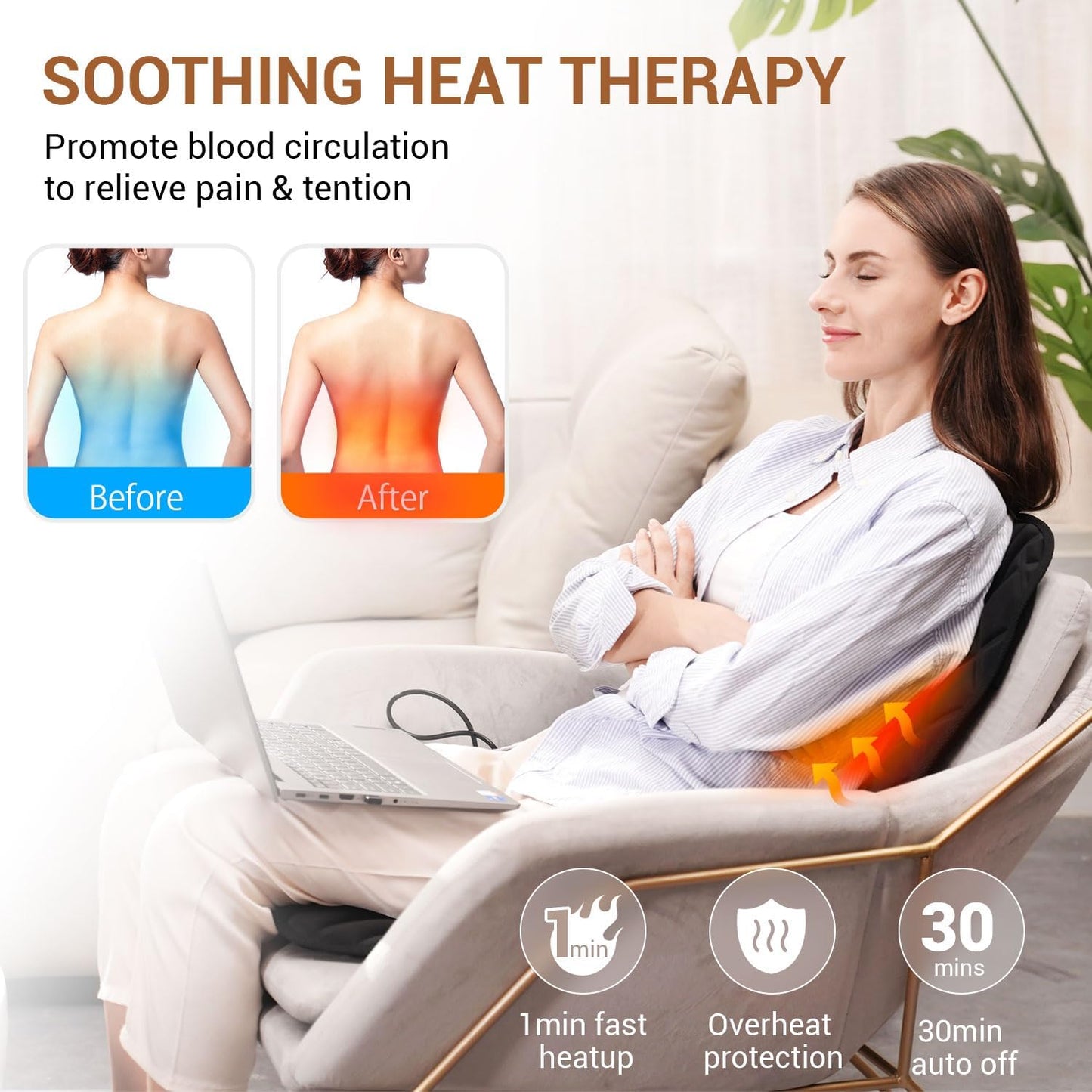 CARSHION Back Massager with Heat,Heated Seat Cover Cushion with 5 Vibrating Massage Nodes & 2 Heat Levels Massage Chair Pad for Pain Relief Home Office Use
