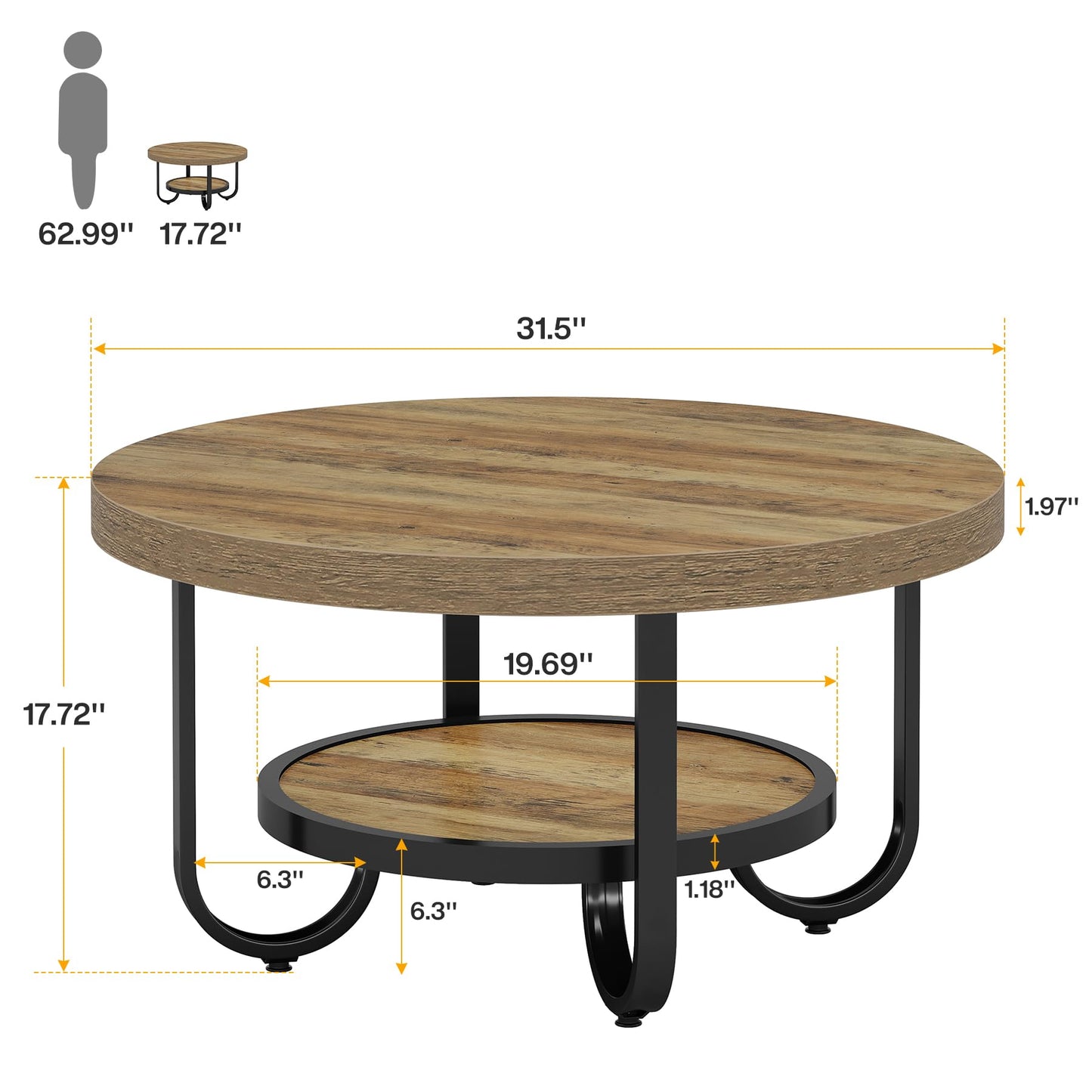 Tribesigns 2-Tier Round Coffee Table with Storage Shelf for Living Room, 31.1-Inch Center Cocktail Table with Sturdy Curved Metal Legs, Easy Assembly, Brown