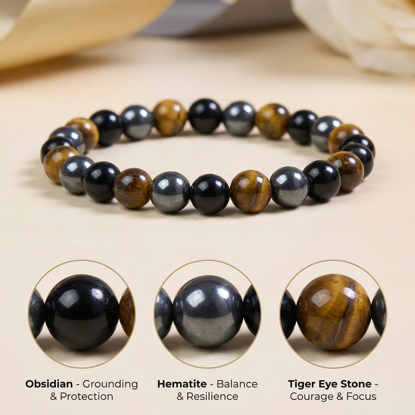 Bivei Triple Protection Bracelet, Strength Crystal Healing Bracelet 8MM with Obsidian & Hematite & Tiger Eye - Spiritual Stretch Beaded Jewelry for Women Men Gift
