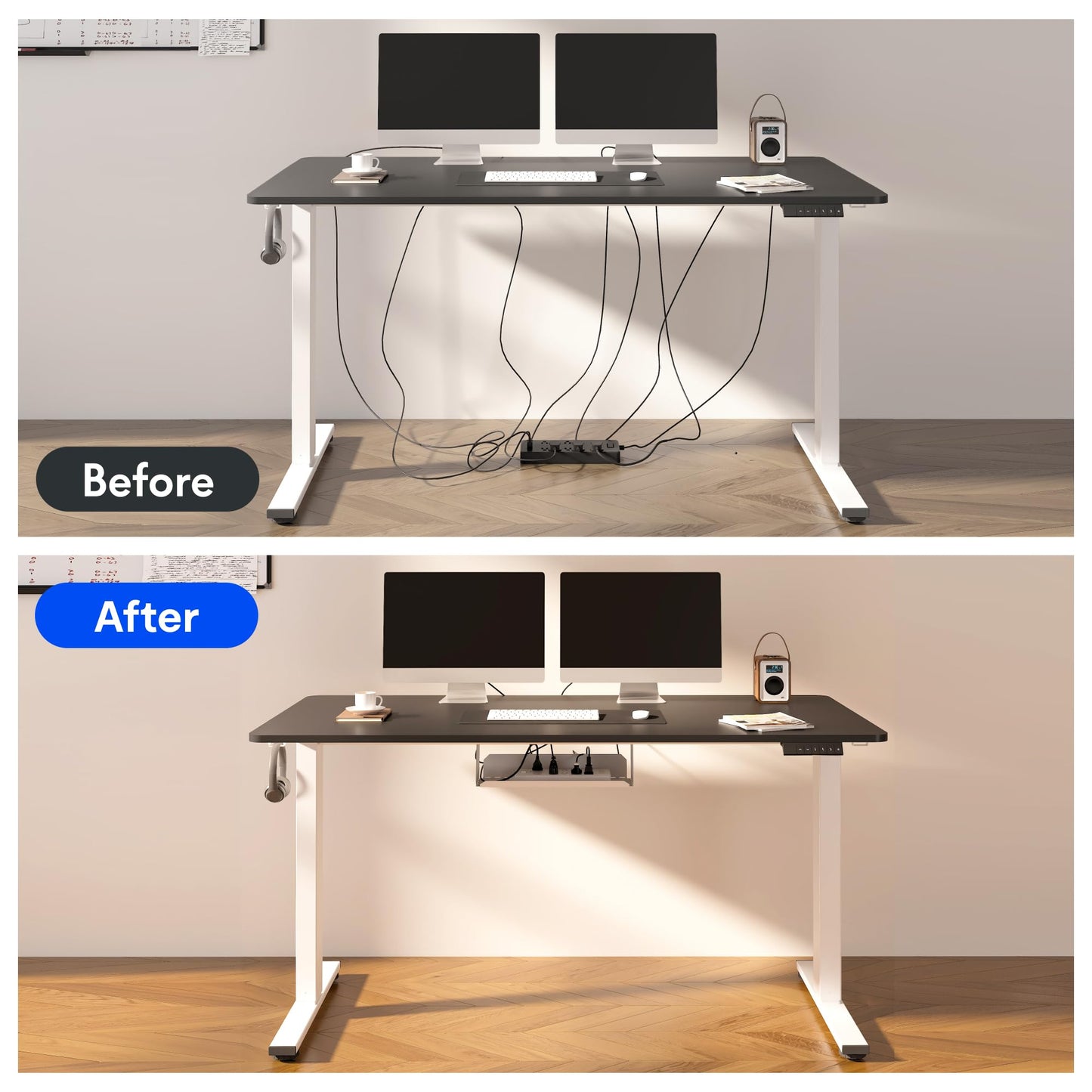 FLEXISPOT EN2 Whole-Piece Standing Desk with Clamp Power Strip, 48x24'' Electric Stand Up Height Adjustable Desk with Cable Management (Black Frame + 48" Black Table Top)