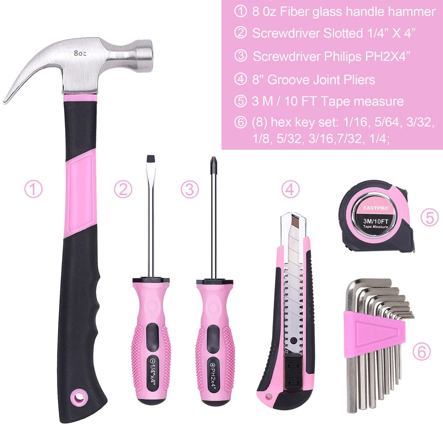 FASTPRO 14-Piece Pink Tool Kit, Hand Tool Set for women, Household Tools for Home Maintenance & Repairing，DIY Tools with Small Tool Bag