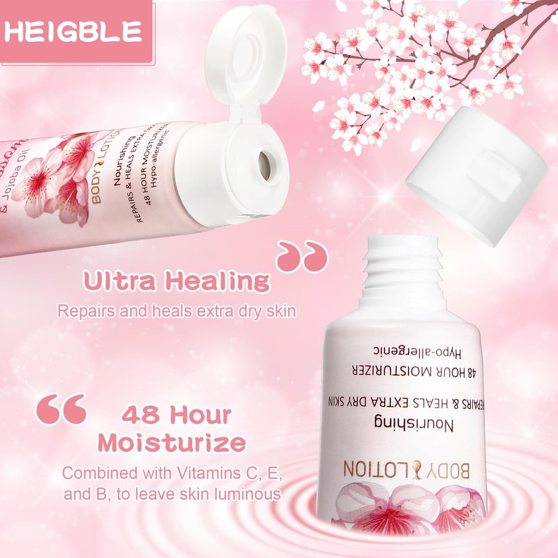 Heigble 50 Pack Travel Size Body Lotion 1 oz Body Lotion Dry Skin Moisturizer with Flip Cap for Extra Dry Skin, Hotels, Airlines, Offices, Gyms(Cherry Blossom and Jojoba Oil)