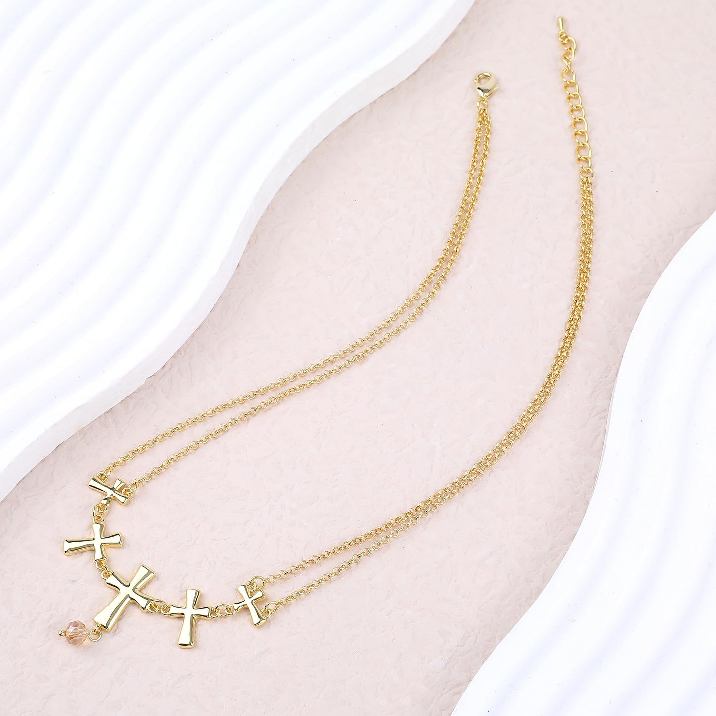 NEKOL Vintage Layered Gold Cross Charm Necklace for Women, Double Chain Faith Cross Pendant Necklace with Dangle Glass Beads Religion Jewelry Gifts for Women