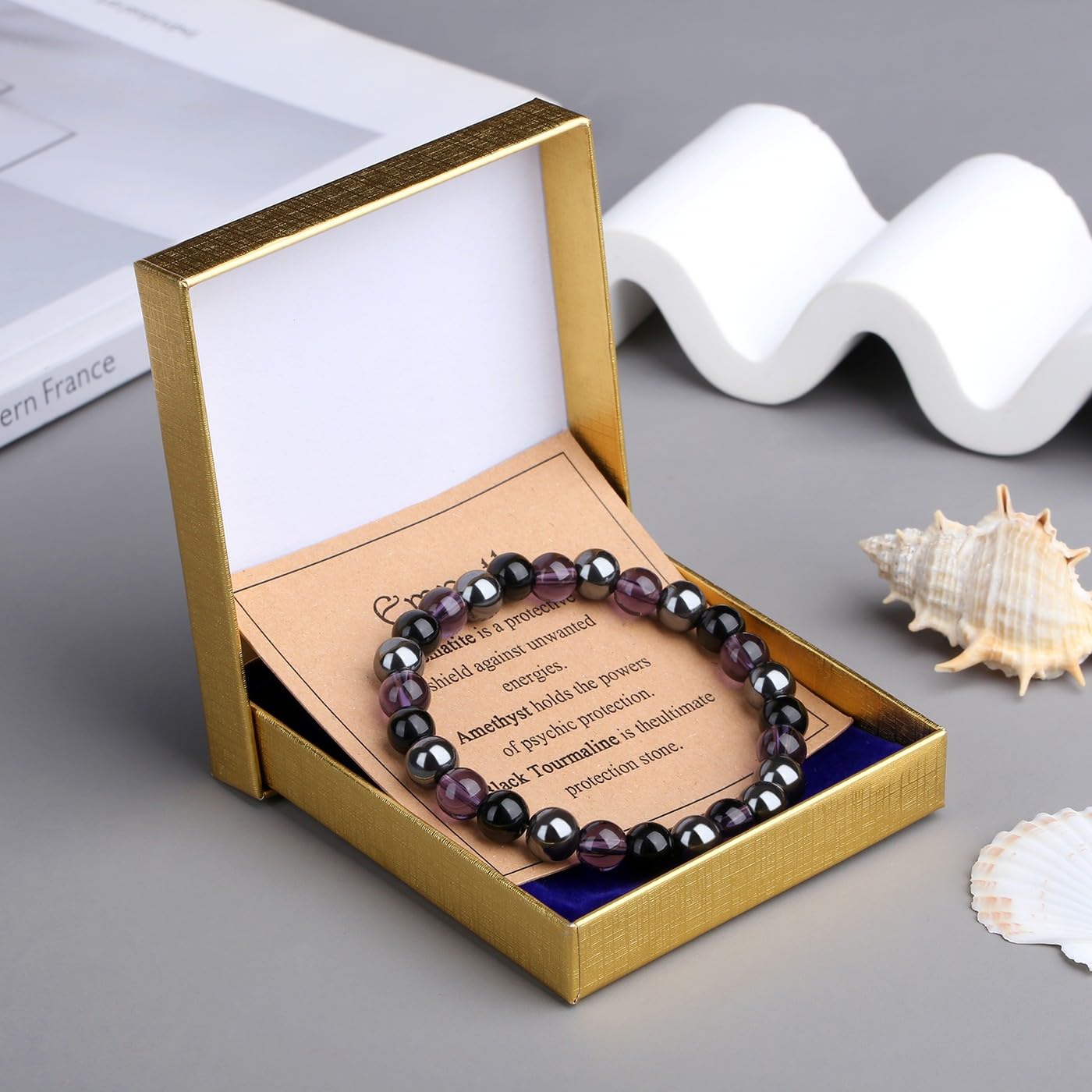 MAIBAOTA Empath Protection Bracelet Menopause Bracelet for Women 8 mm Amethyst Black Tourmaline Healing Crystal Bracelets Jewelry