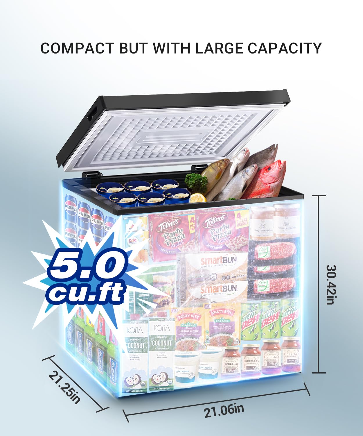 Compact Chest Freezer, 5.0 Cu Ft Deep Freezer with Removable Storage Basket, Mini Freezer with 7 Temperature Levels Thermostat, Black Top Open Door Freezer Ideal for Home, Kitchen & Office