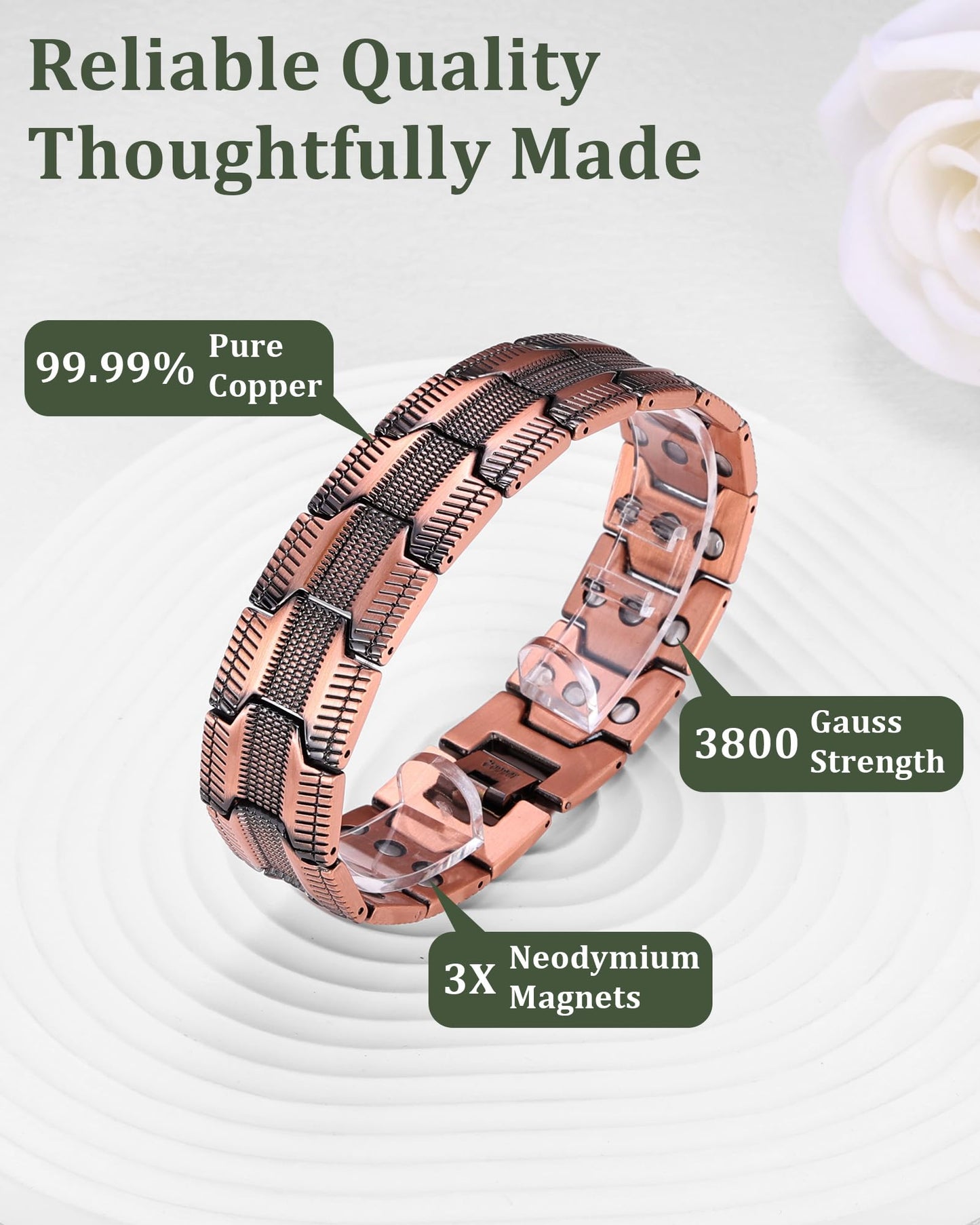 Fashtour 3X Copper Bracelet for Men Triple Ultra Strength Magnets, Masculine Design Pure Copper Magnetic Bracelet, Adjustable Length with Sizing Tool