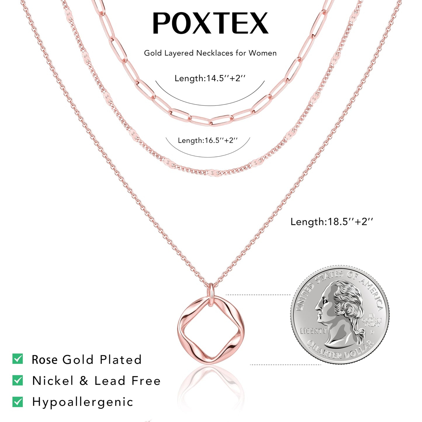 Poxtex Rose Gold Layered Necklaces for Women, Rose Gold Plated Dainty Stackable Choker Necklaces for Women, Trendy Layering Geometric Pendant Paperclip Chain Thin Necklace Jewelry Set Gifts