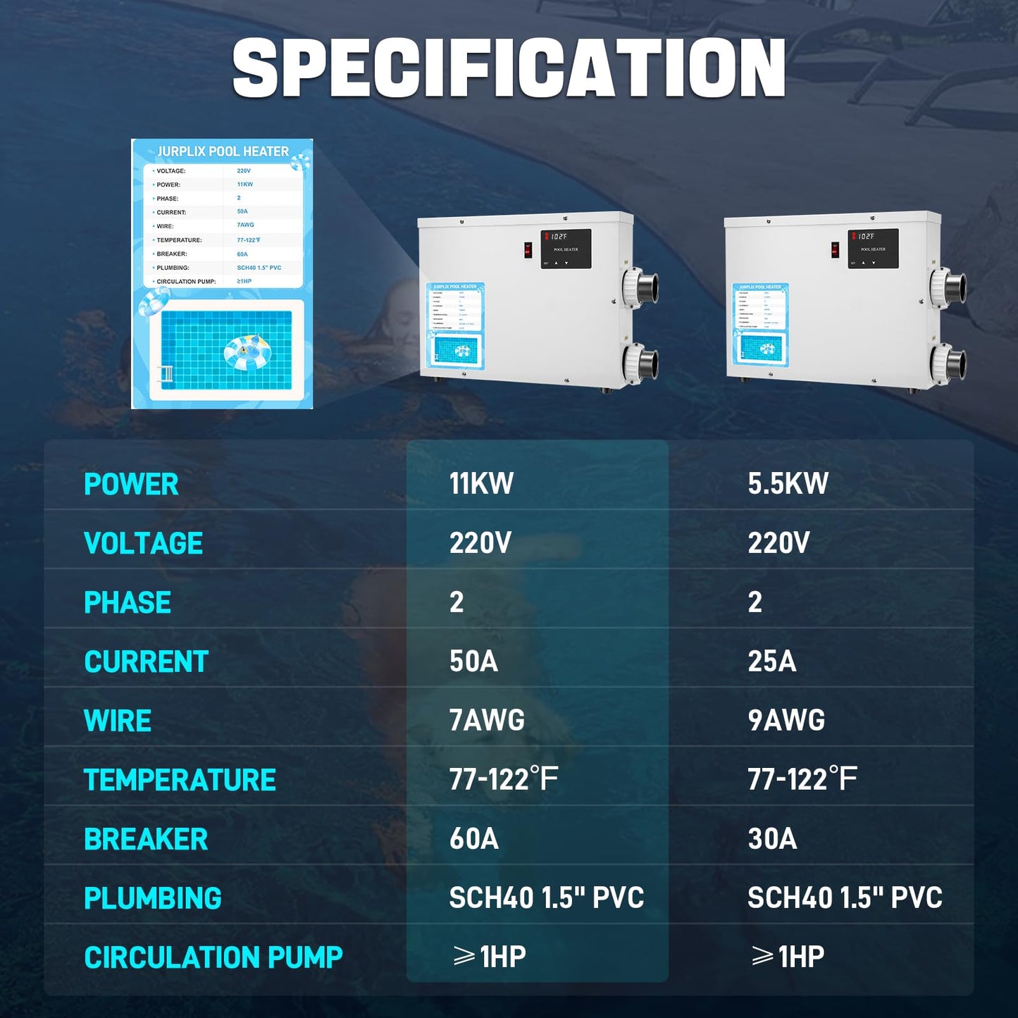 JURPLIX 11KW 220V 50A Electric Pool Heater for Swimming Pool, Hot Tub & Spa Heater with Digital Touch Screen Thermostat, Efficient Water Warmer, Above Inground Pool & Ground Pool