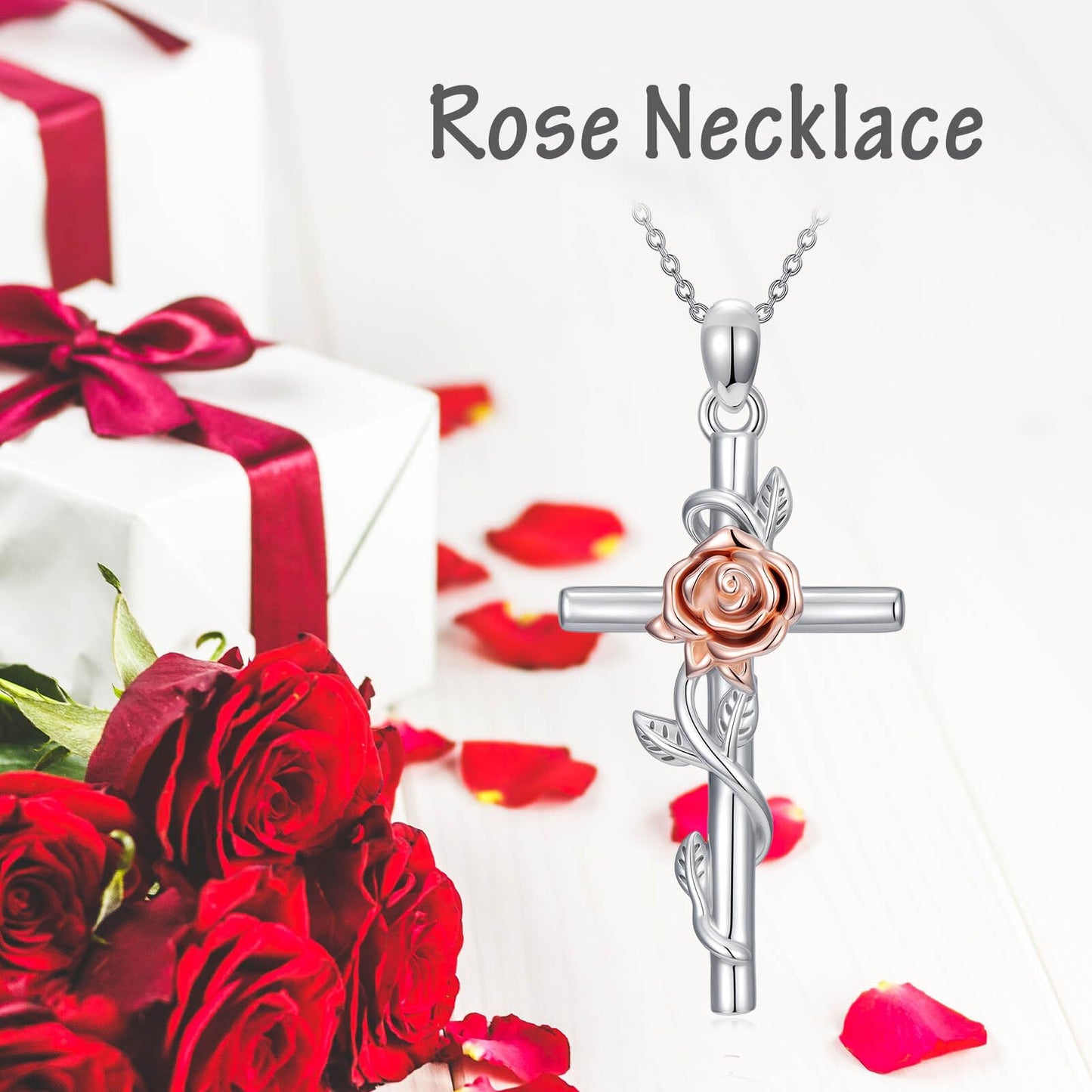 YYB Rose Cross Necklace for Women 925 Sterling Silver Rose Jewelry Dainty Silver Cross Necklace Christian Religious Gifts for Women Mothers Day Gifts