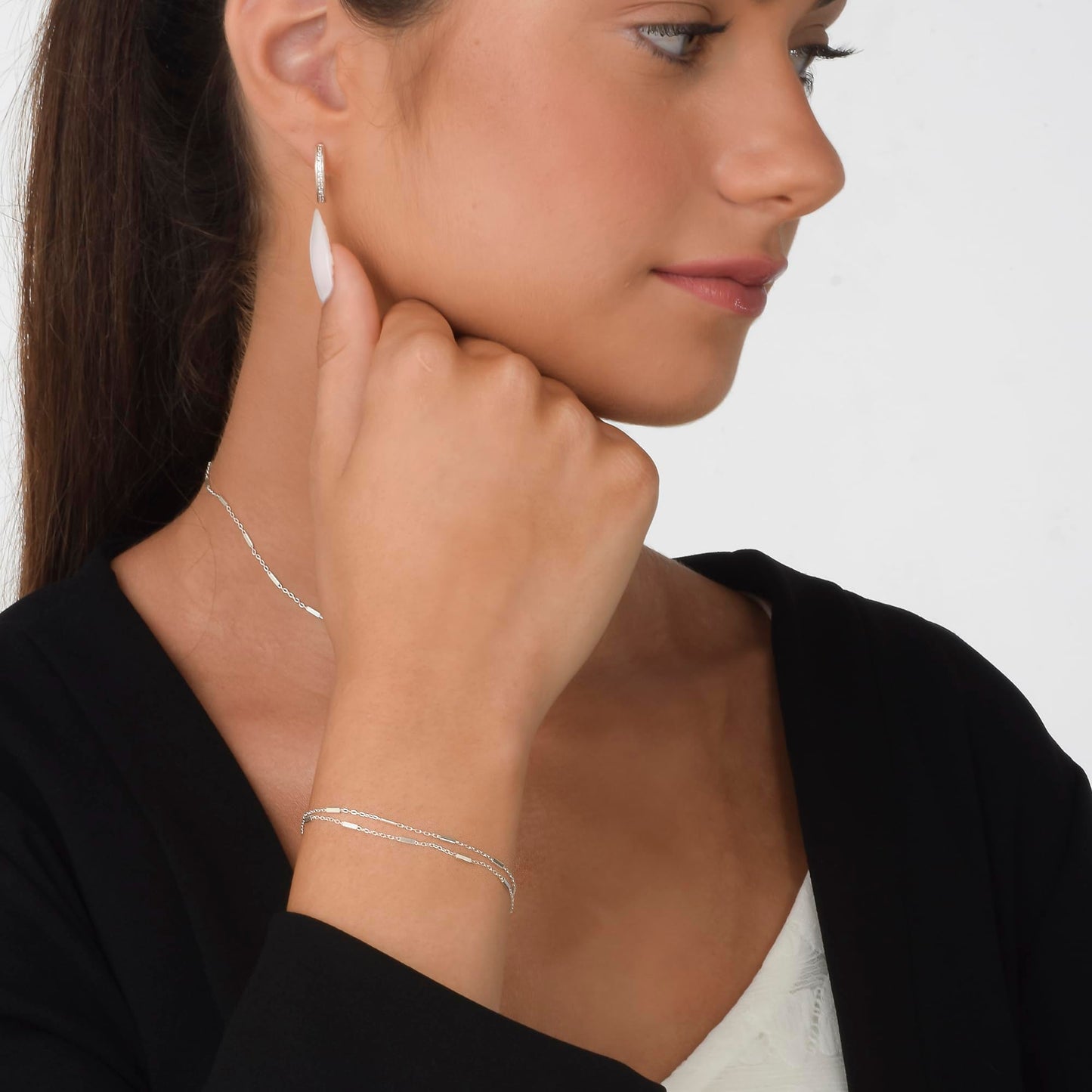Annika Bella 925 Sterling Silver Double Layered Bracelet, Length 6.5-7.5 Inches, Chain Bracelets for Women, Waterproof Minimalist Women's Jewelry (Satellite Bar Chains)