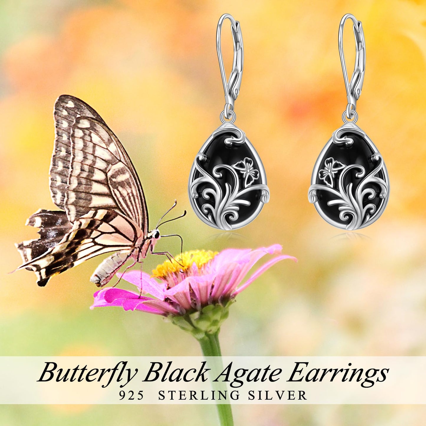 SHAOAN 925 Sterling Silver Butterfly Filigree Dangle Drop Earrings for Women Black Agate Teardrop Earring Jewelry Gift for Anniversary Christmas Birthday Mother’s Day