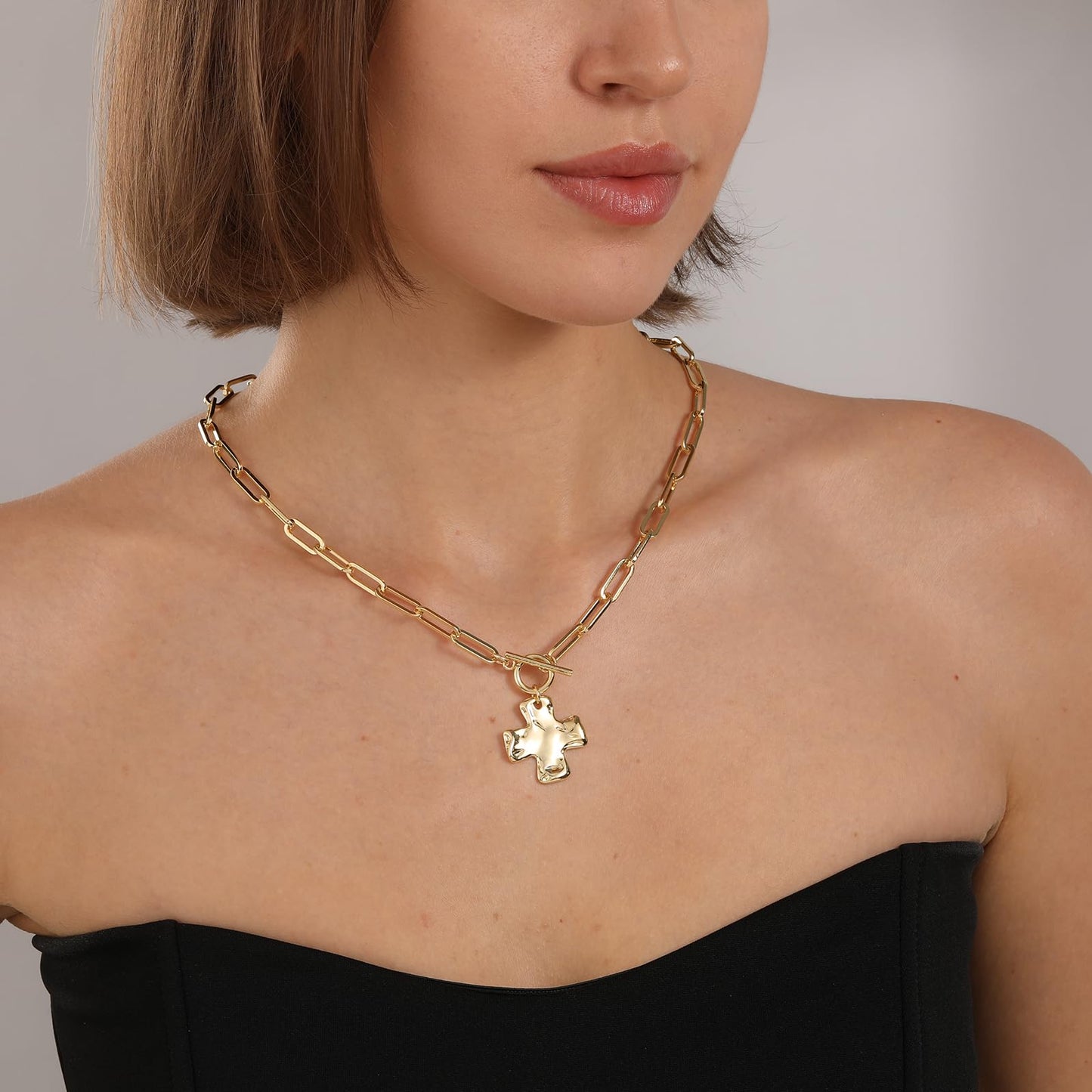 Bheop Chunky Cross Necklace for Women Trendy 14K Real Gold Plated Statement Cross Pendant Charm Necklace Toggle Clasp Long Big Paperclip Faith Chain Costume Jewelry Gift Non Tarnish 2.5CM