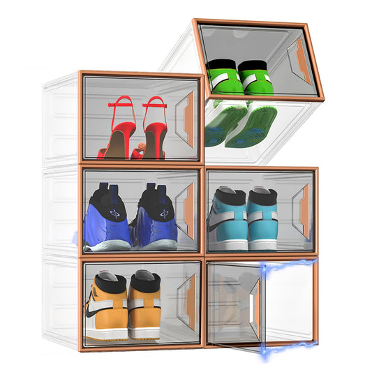 ADTO X-Large Stackable Shoe Boxes - Clear Plastic Shoe Storage Boxes with Magnetic Door, Thicken Shoe Organizer for Closet, Space Saving Foldable Shoe Containers Bins for Sneaker Boot - 6 Pack(Brown)