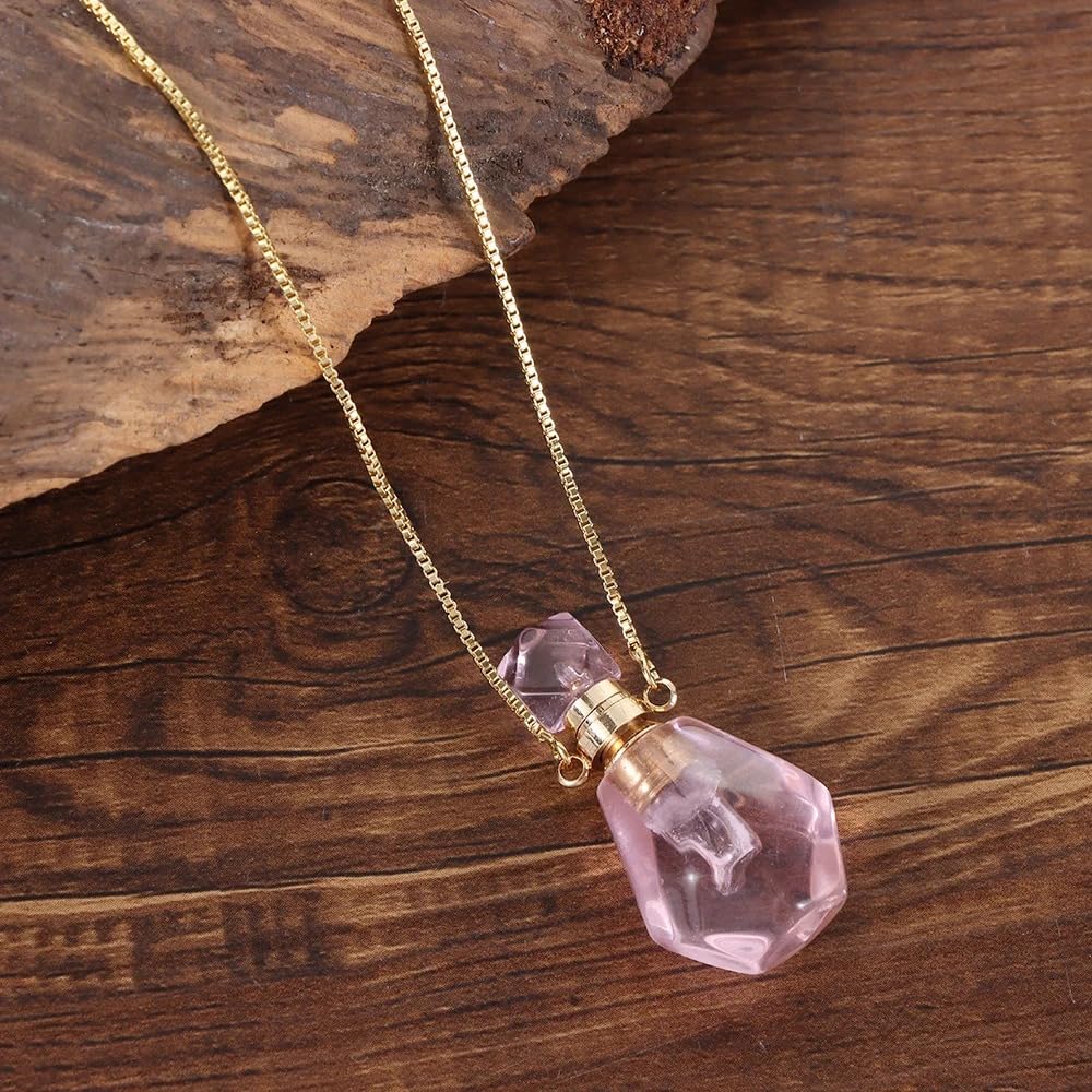 14K Yellow Gold Natural Stone Vial Necklace For Women - Glass Vial Pendant Necklace Water Drop Jar Perfume Necklace - Water Container Vial Necklaces For Liquid Oil Diffuser Vial Jewelry