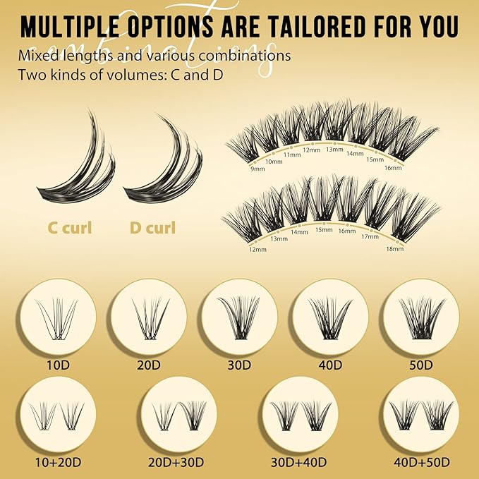 QUEWEL Lash Clusters 320Pcs Cluster Lashes 50D D Curl Lash Cluster Eyelash Extensions Mix9-16mm Individual Eyelashes Clusters Wispy Lash Clusters Thin Band Soft to Use at Home(50D D Mix9-16)