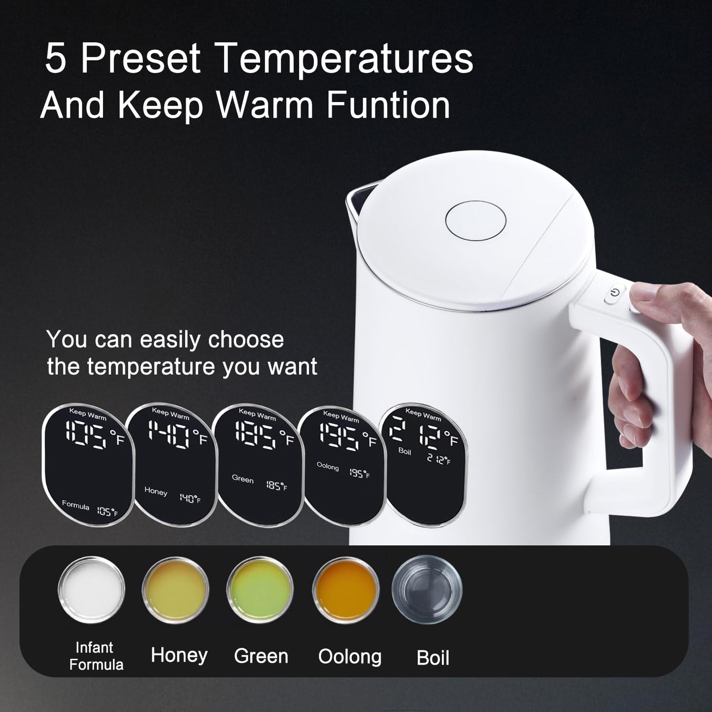 QUAXWELL Electric Kettle, 1.5L Stainless Steel, Double Wall Cool Touch Teapot, Fast Boil,5 Temperature Control, LED Display, Auto Shut-Off, BPA-Free,Keep Warm Function, Ideal for Tea & Coffee,White