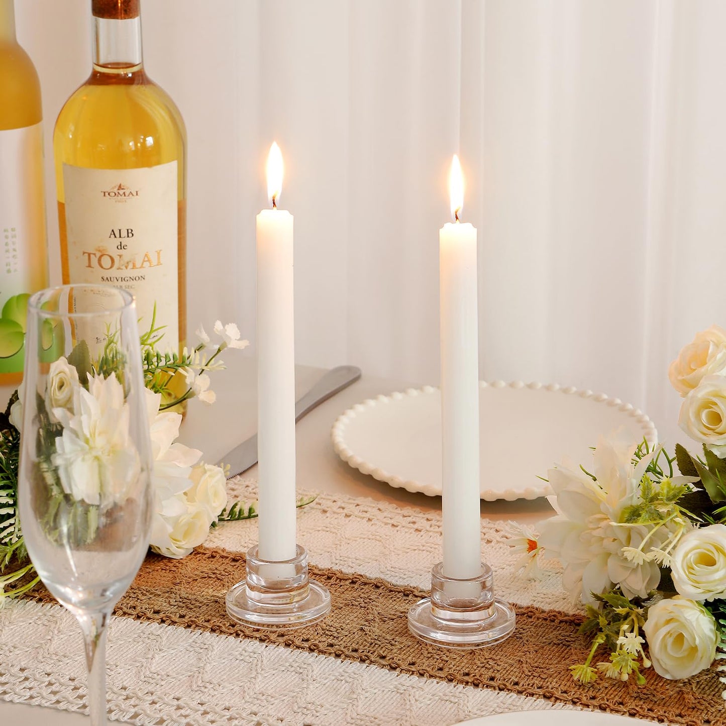 ZQXJWF Clear Glass Taper Candle Holders Set, Round Base Design, Elegant Dining Table Decor, for Table Centerpiece Wedding Party Advent Christmas Home Decorations (12, Clear)