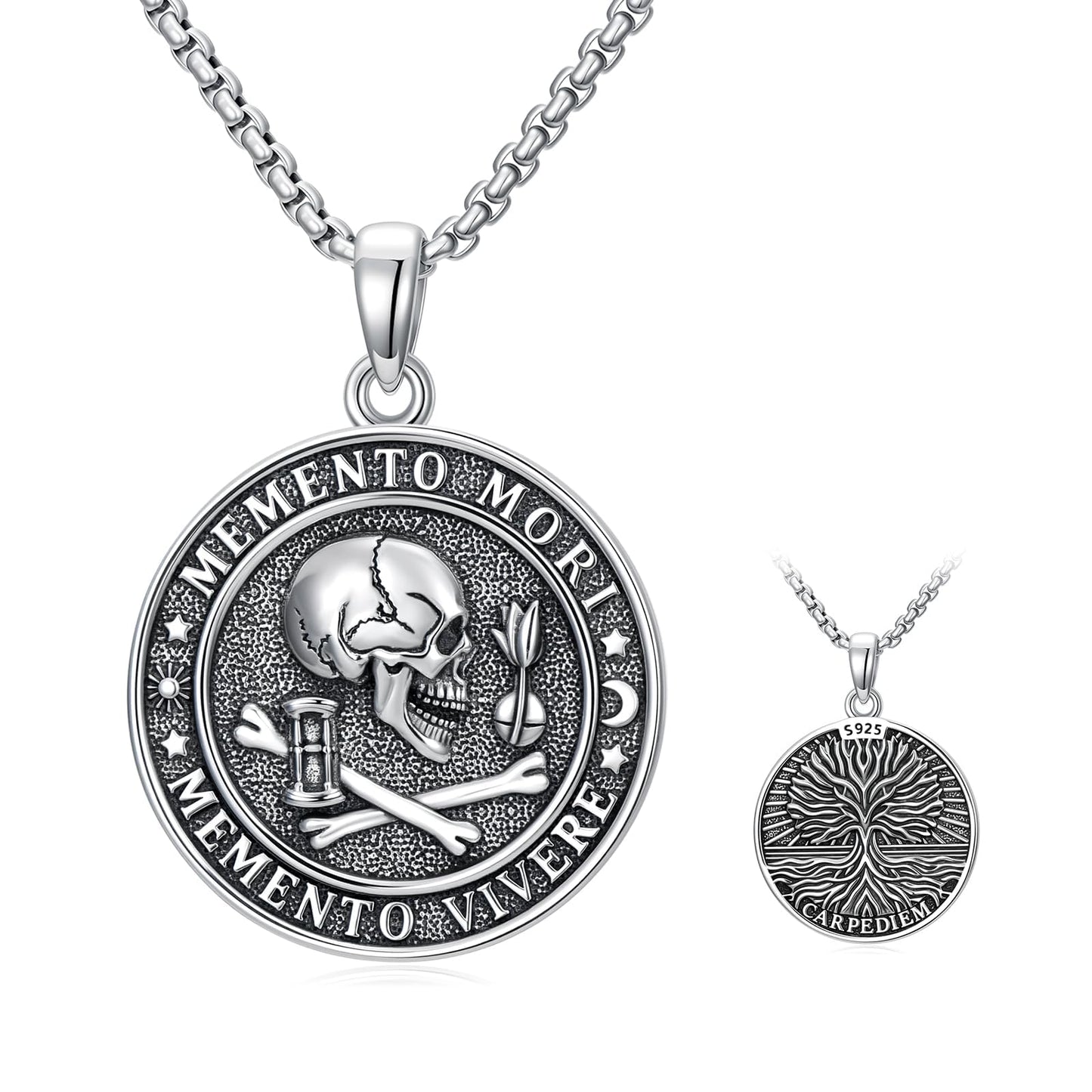 POIUY Memento Mori Necklace for Men Gothic Skull Pendant Stoicism Mori Jewelry Tree of Life Amulet Protection Gifts for Men Women 22+2 Inch Chain