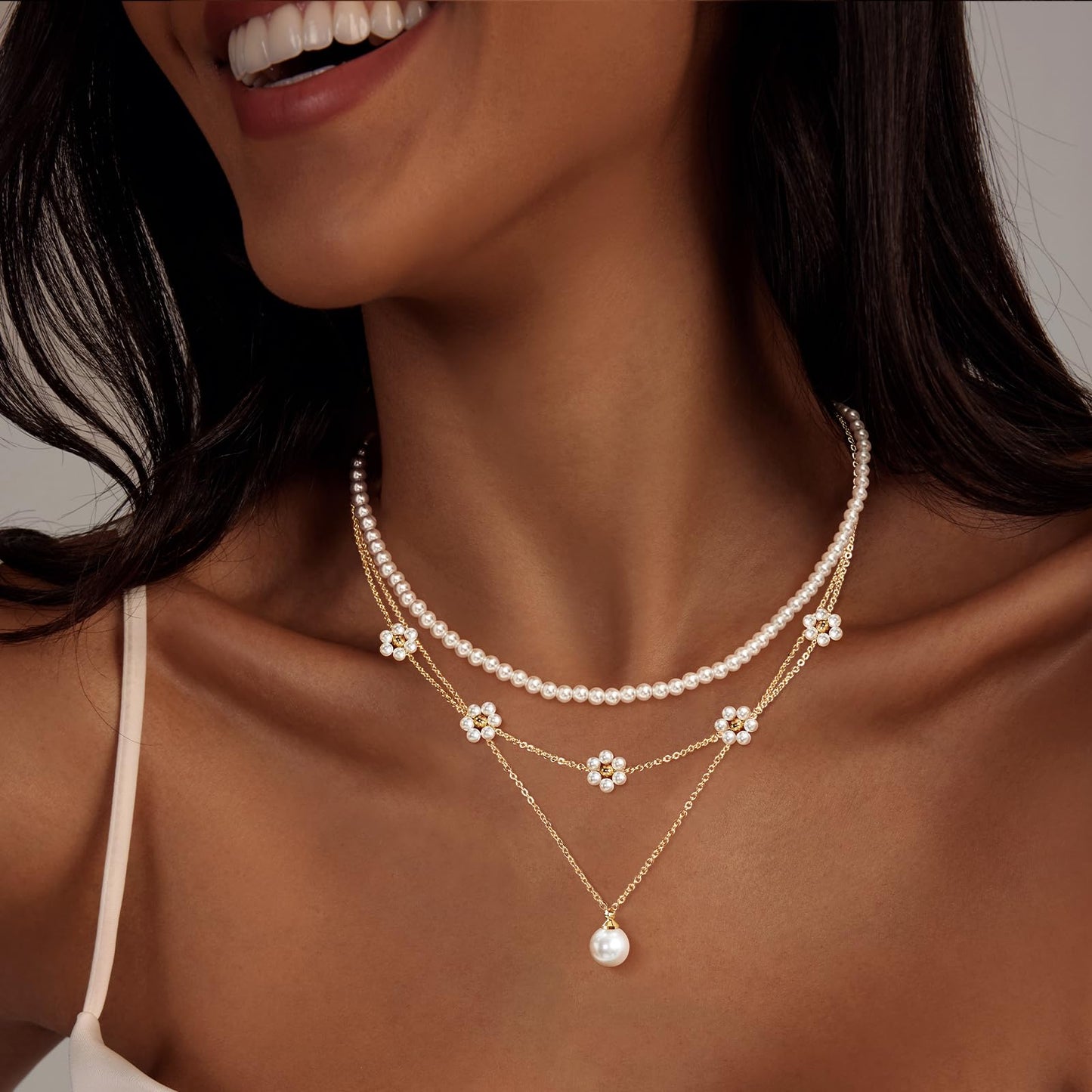 Zeffy Gold Daisy Pearl Necklaces for Women Gold Dainty Layered Single Pearl Choker Trendy Cute Silver Necklace Stack Wedding Jewelry Sets for Women Bridesmaid Gifts