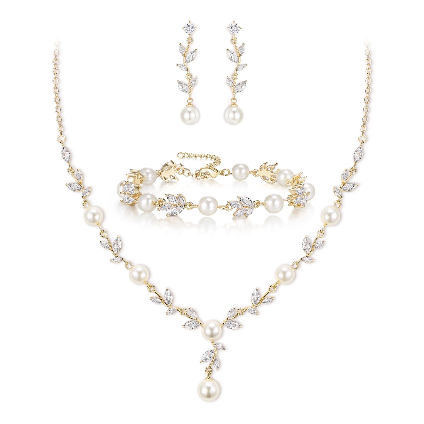 EVER FAITH Bridal Jewelry Set for Bride Bridesmaid, White Marquise Cubic Zirconia Gold-Plated-Brass Faux Pearl Leaf Vine Party Prom Necklace Dangle Earrings Bracelet for Women
