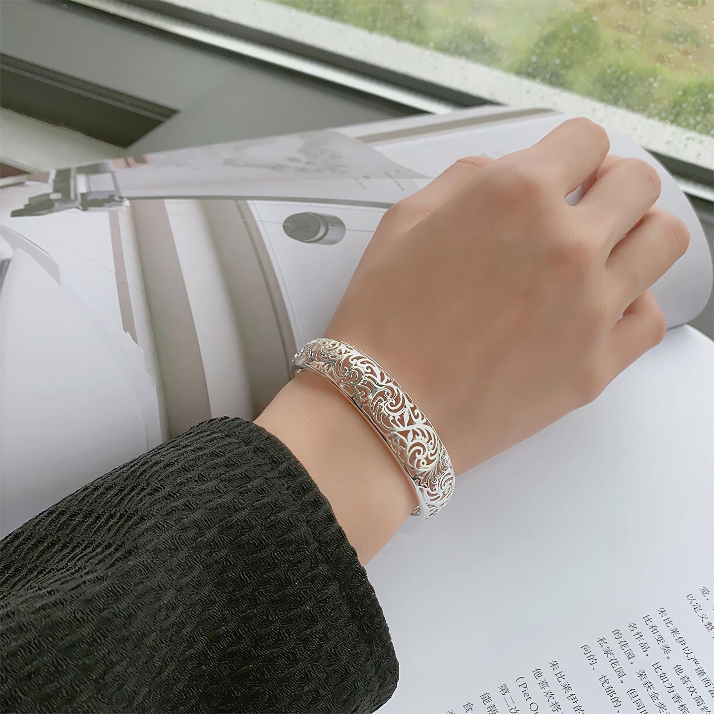 Baoaichi 925 Sterling Silver Bracelet Handmade Filigree Flower Bangle Wide Cuff Bracelets for Women Teen Girls Fashion Open Bangle Women Silver Jewelry Gift for Birthday Anniversary (silver D)