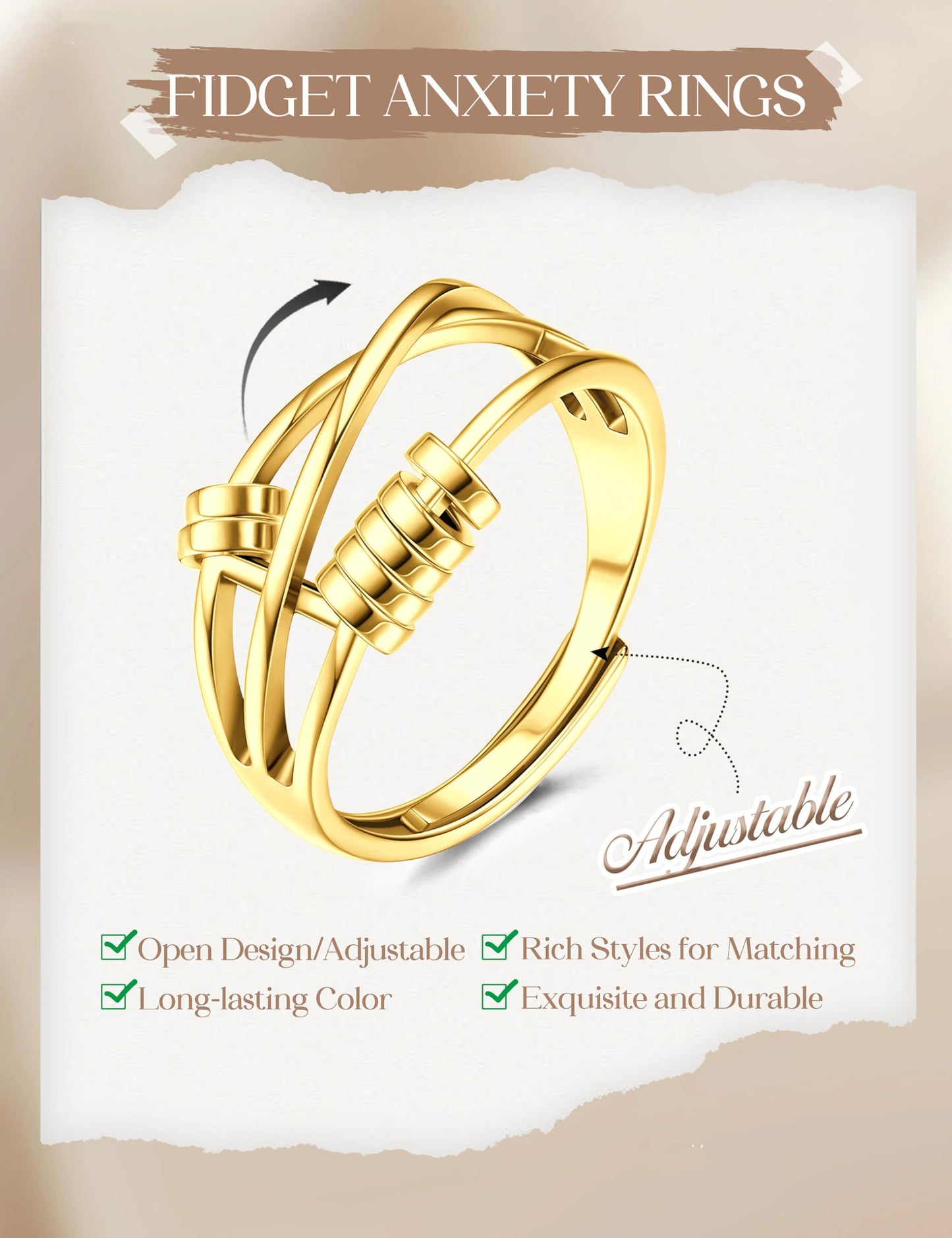 MILACOLATO 14K Gold Plated Fidget Ring for Women Adjustable Anxiety Rings Open CZ Butterfly Sunflower Bead Spinner Rings for Anxiety Stress Relief G