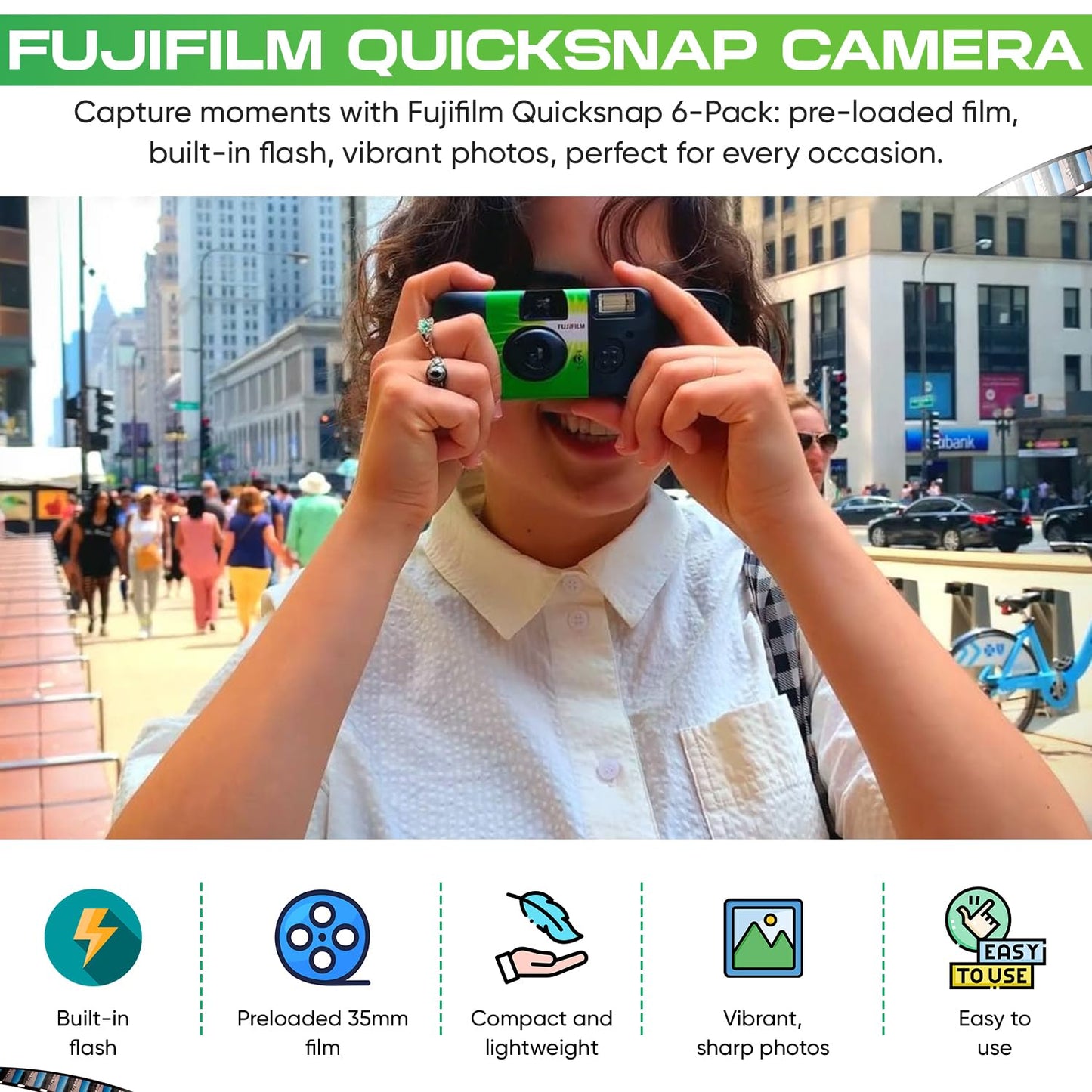 Fuji Film Quicksnap Flash Disposable Camera 400 Iso, 6 Pack, 35mm 27 Exp,with Balveli Coth, Fuji Film Disposable Camera Bulk, 6 Pack of Fuji Disposable Cameras.