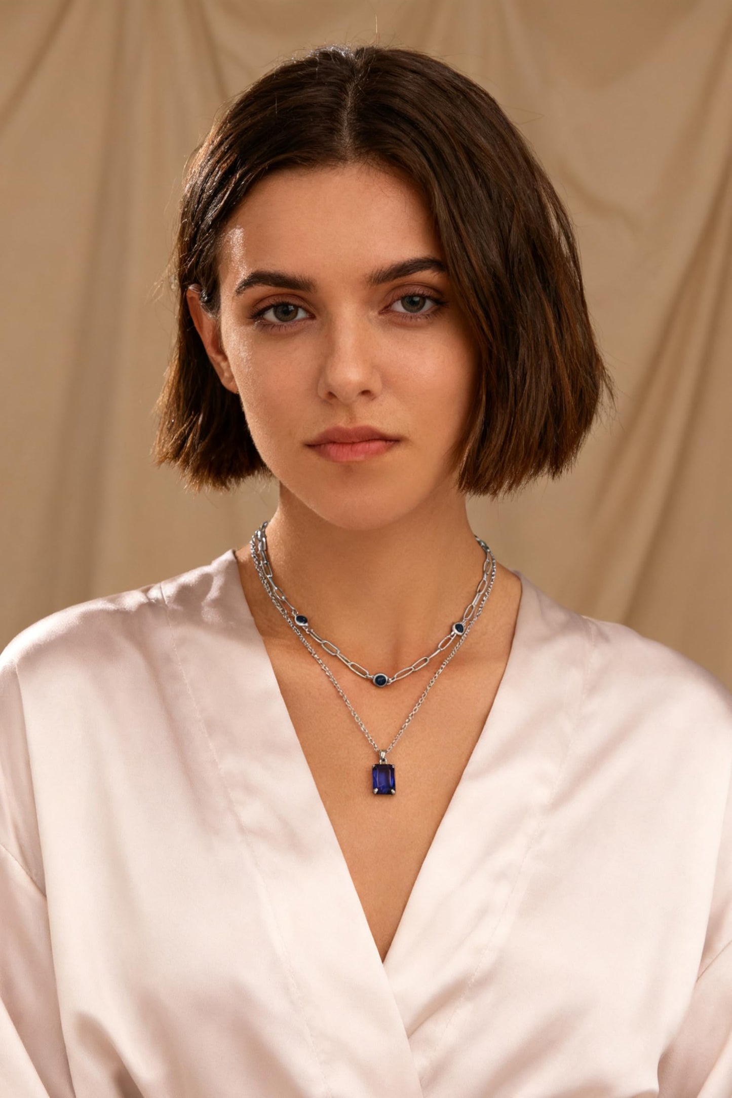 VANGETIMI Blue and Silver Layered Pendant Necklaces for Women Silver Plated Crystal Choker Necklace Paperclip Rhinestone Necklace Party Prom Jewelry