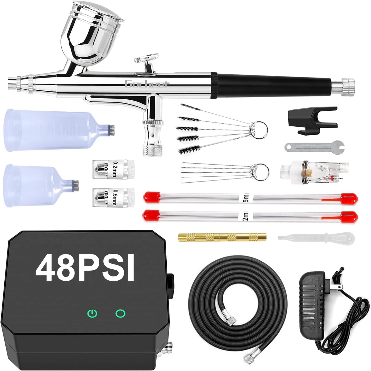 Gocheer Airbrush Kit with Air Compressor, 40 48 PSI High Pressure Air Brush Non-Clogging with 0.2/0.3/0.5mm Nozzle/Cleaning Sets, Ideal for Painting, Modeling, Cake Decor, Makeup (Black, 48 PSI)