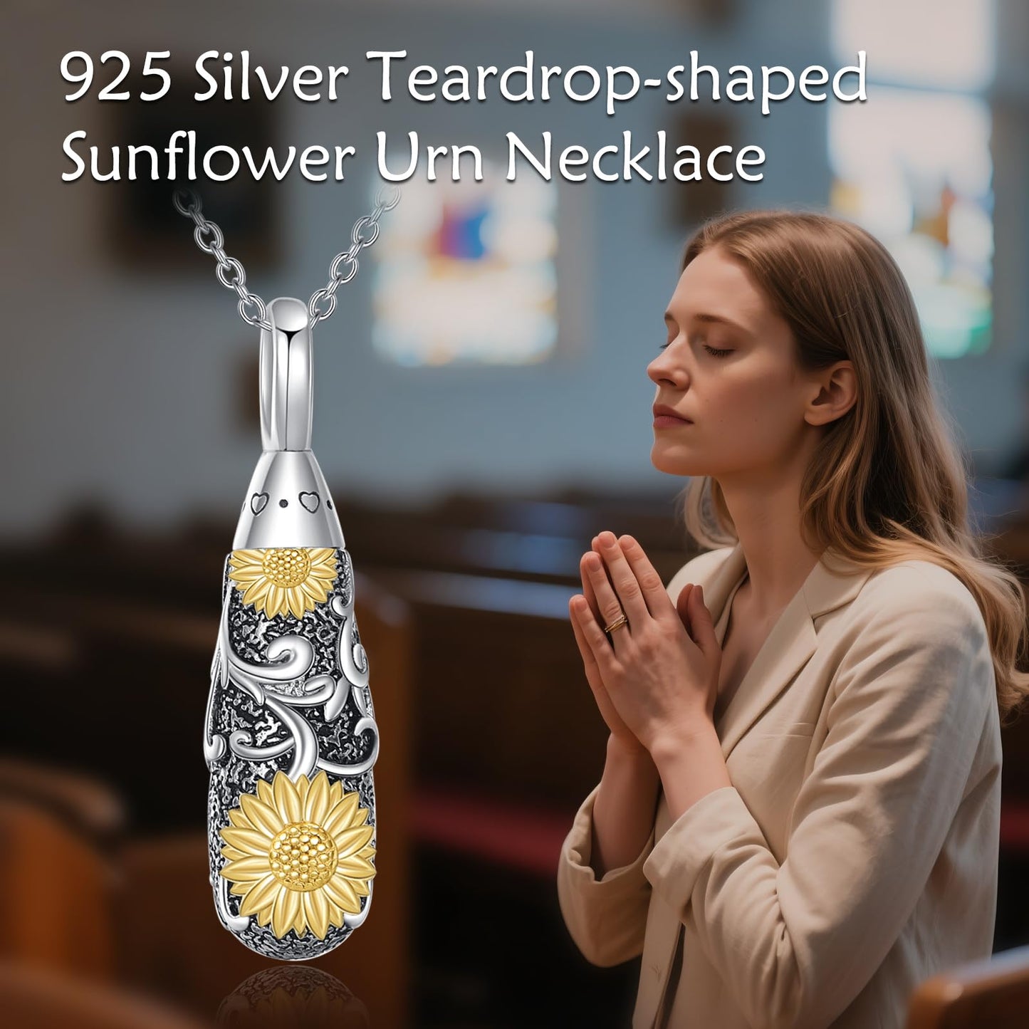 POPLYKE Teardrop Sunflower Filigree Urn Necklace for Ashes for Women Sterling Silver TearDrop Cremation Necklace for Ashes Keepsake Jewelry for Women Men