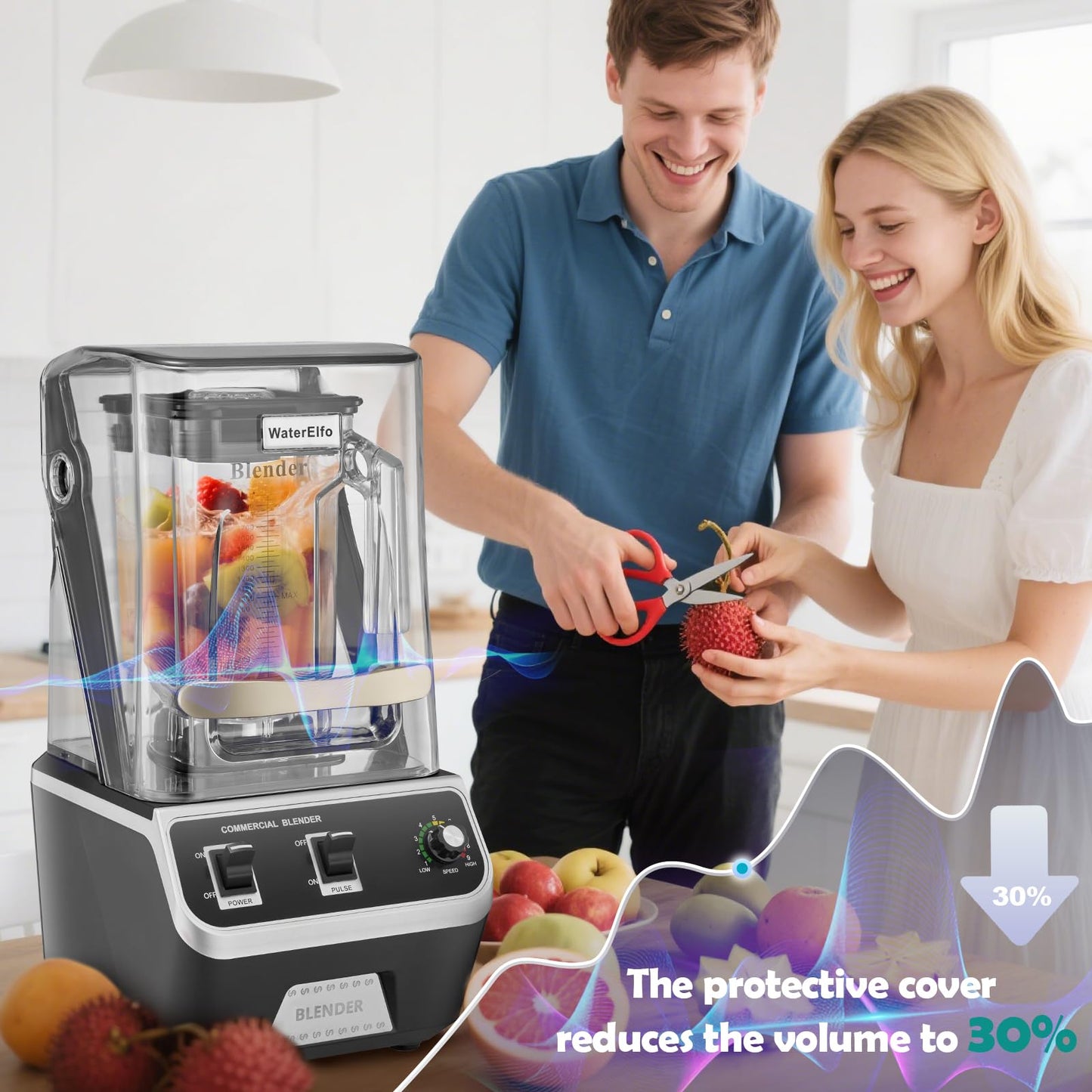 WaterElfo 2200W Commercial Blender for Smoothies - Professional Grade, High Speed Quiet Electric Countertop Blenders with Sound Enclosure, 68oz for Kitchen & Home Use