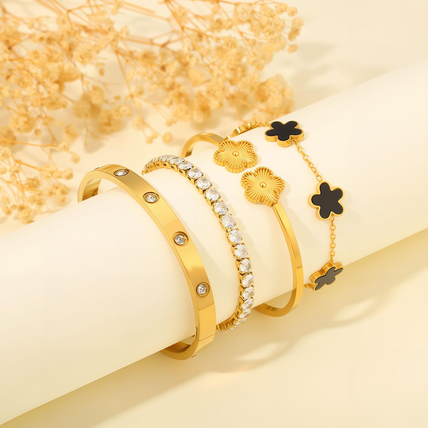 ISELBDR 18K Gold Bracelets for Women - Clover Cuff & Cubic Zirconia Tennis Bangle Set - Non-Tarnish Stainless Steel Trendy Jewelry Gift for Valentine‘s, Christmas & Mother’s Day (Black)