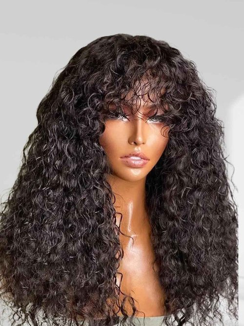 OCTSUN Wear and Go Human Hair Wigs with Bangs Bouncy Curly Human Hair Wigs for Black Women Glueless Full Machine Made Wigs Human Hair Deep Wave None Lace Front Wigs with Bangs 22 Inch 180% Density