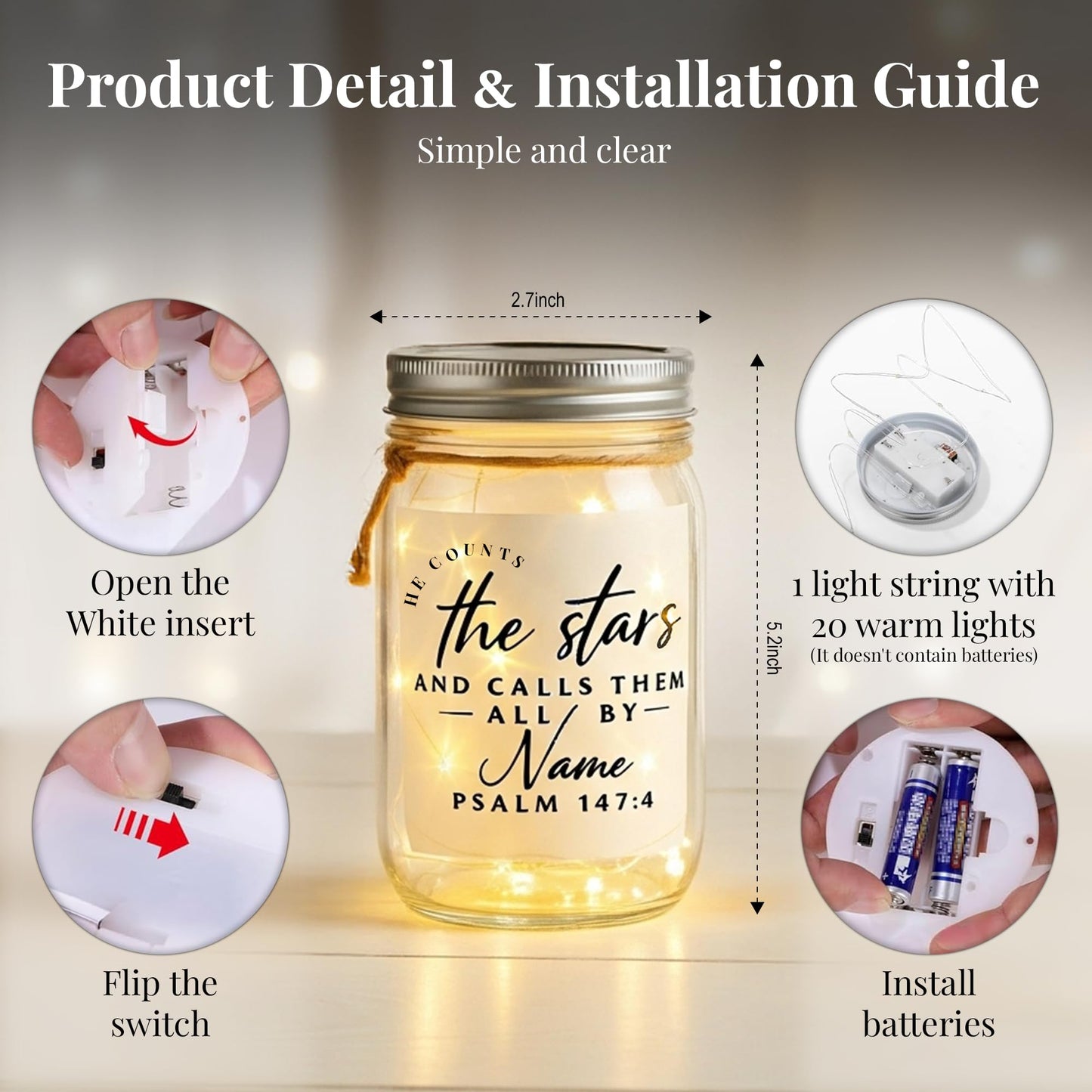 Christian Gifts for Women - Bible Verse Jar with Fairy Lights - Encouragement Gifts for Women - Christian Gift for Teen Girls & Adults - Mason Jar Lights - Decorative Jars with Bible Verses