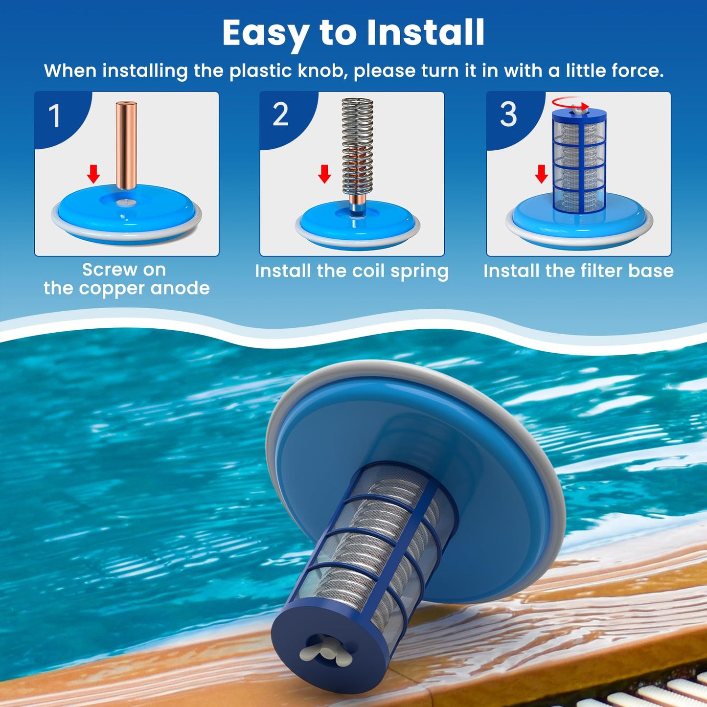 Troxlly Pool Ionizer Copper Replacement Kit - 2PCS Replacement Copper Anodes 4.13 x 0.71 Inch Universal Fit for Solar Ionizer, Complete Set with All Accessories