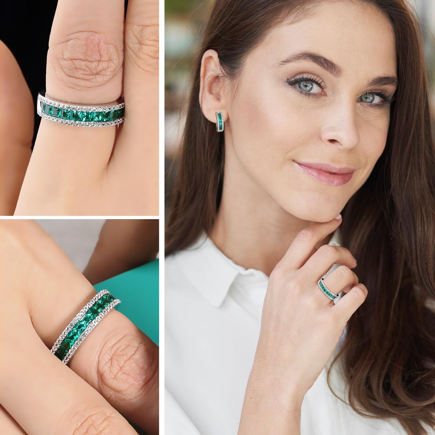 RANDES Womens Emerald Ring Channel Set Wedding Band White Gold Plated Sterling Silver Princess Cut 5mm Thick Eternity Rings Green Stone Ring Size 9