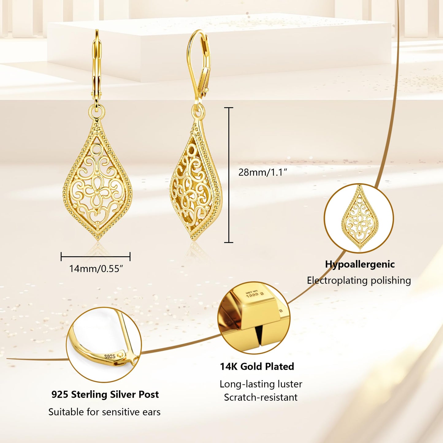 14K Gold Dangle Earrings for Women, Filigree Dangling Leverback Earrings, Gold Waterdrop Hypoallergenic Dangly Drop Earings for Women Trendy Jewelry Gifts