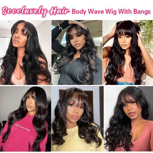 Sooolavely 20 Inch Body Wave Wigs with Bangs Human Hair Wig for Women Machine Made None Lace Front Wigs 180% Density Brazilian Virgin Human Hair Glueless Wig with Adjustable Drawstring Natural Color
