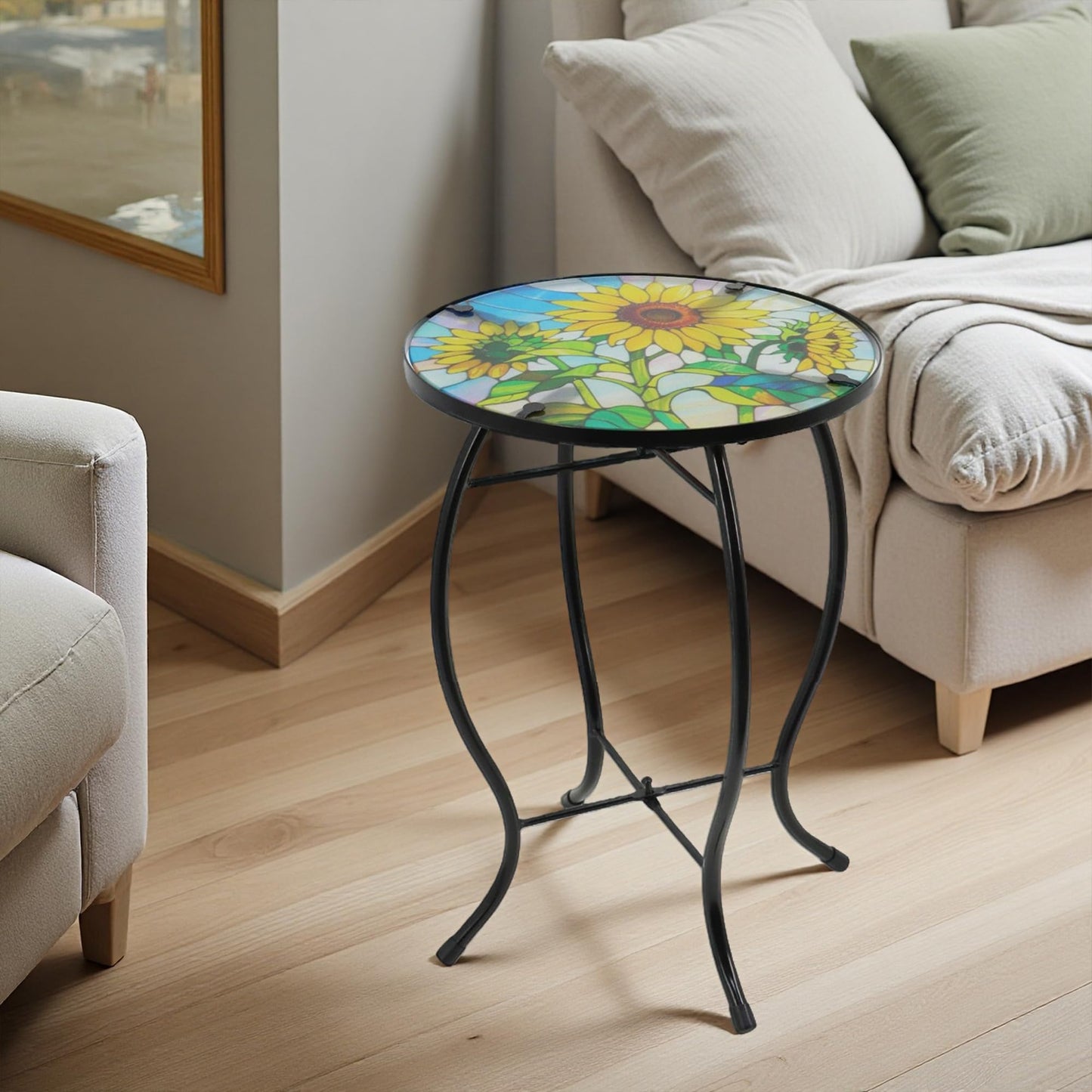 Voumsil Small Side Table with Metal Frame, 10.5" Round Side Tables with Sunflower Pattern,Outdoor Table for Balcony,Terrace,Garden,Living Room