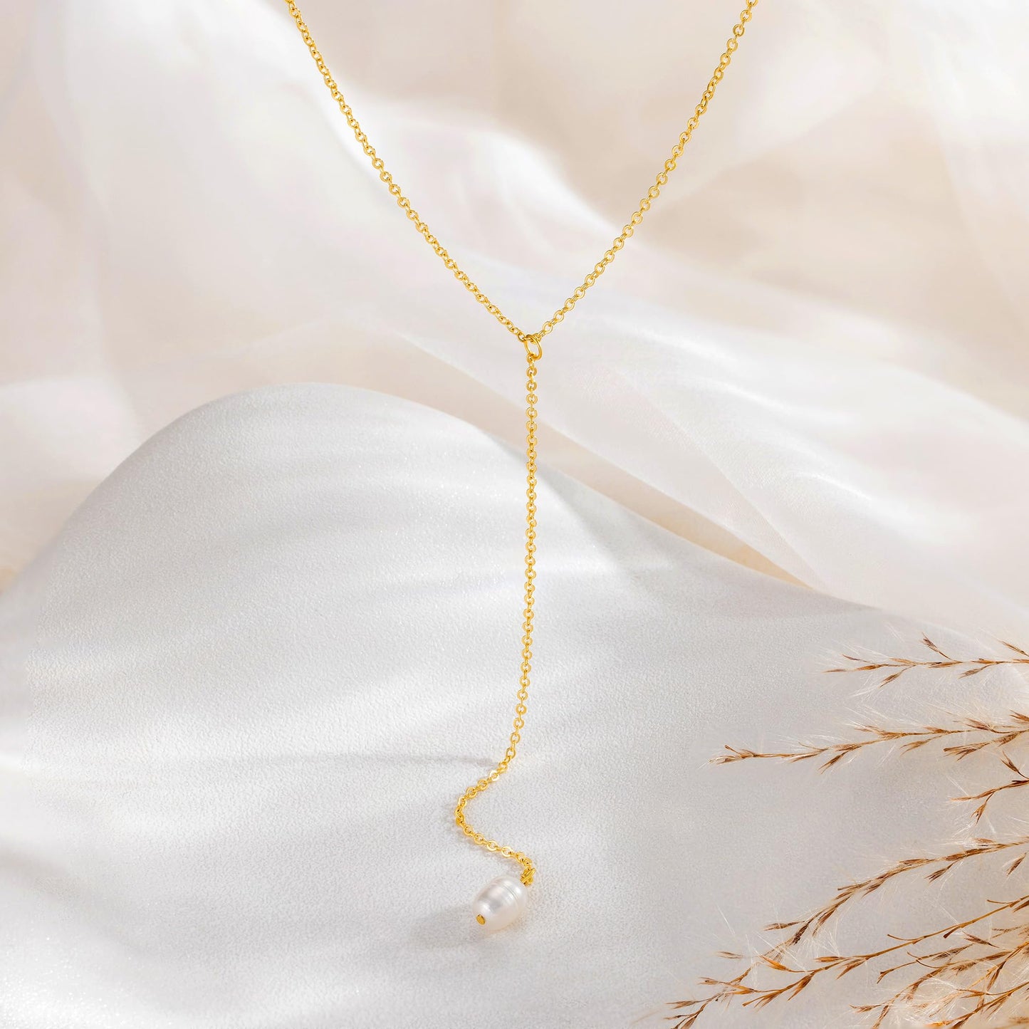 Tewiky Pearl Drop Necklace, Simple Gold Jewelry Dainty Long Gold Necklaces for Women Trendy Gold Plated Pearl Lariat Necklace Delicate Bridesmaid Jewelry Y Necklace for Women