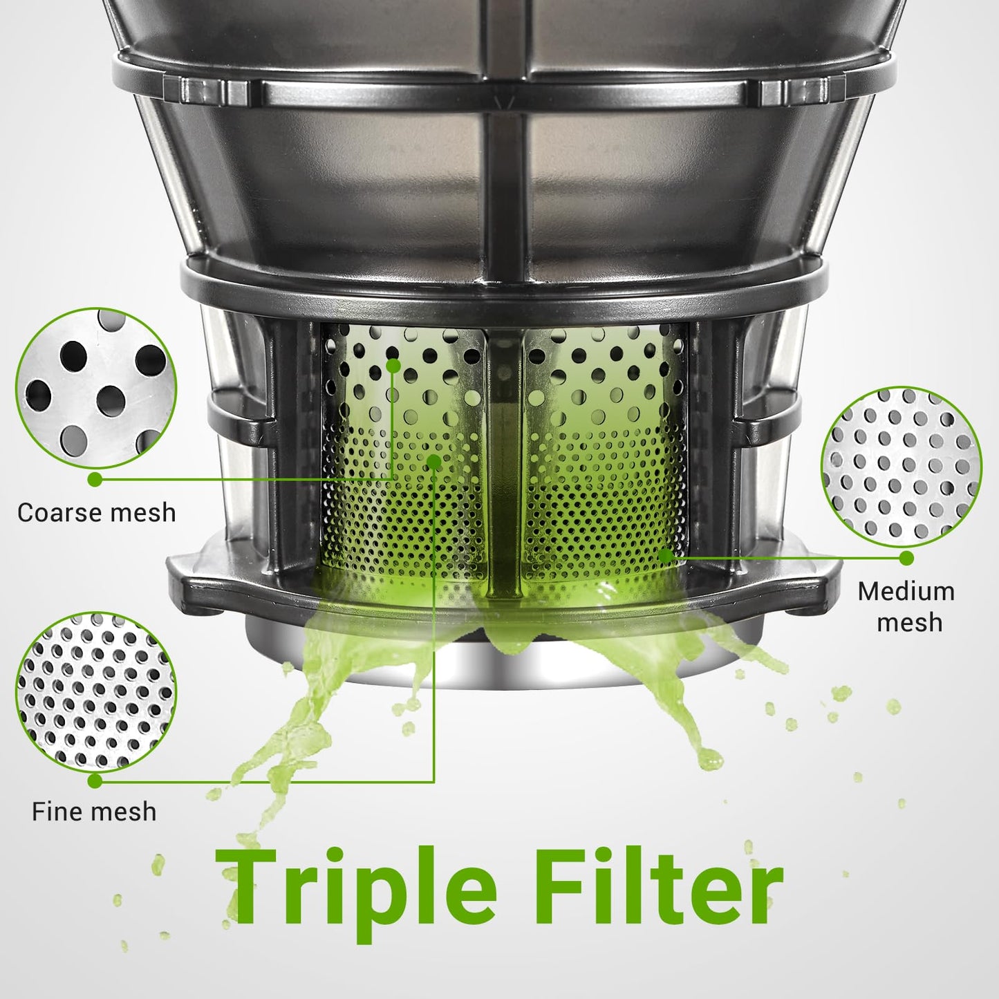 AMZCHEF Cold Press Juicer with 6.5" Large Feed Chute, Slow Masticating Juicer for Whole Fruits & Vegetables, 3-Layer Strainer, Copper Motor, High Juice Yield, Easy to Clean, Green