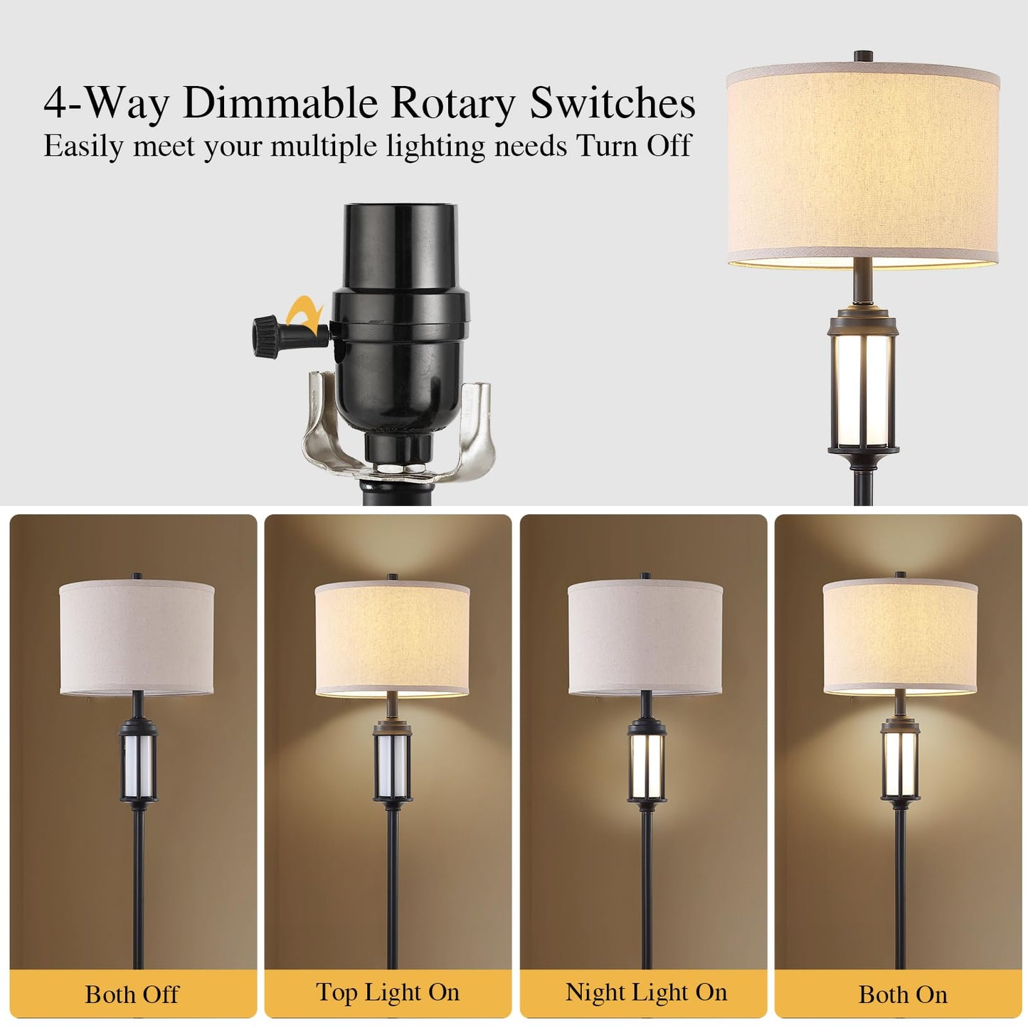 AIEAMPDO 65" Modern Floor Lamp for Living Room with 2 Light Sources, Industrial Black Tall Standing Lamps with Nightlight, Retro Floor Light for Bedroom Office Reading Room, Bulbs Included