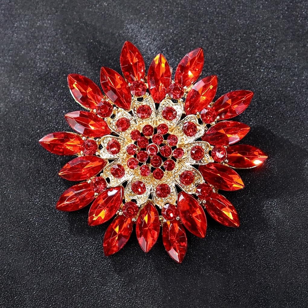 Rhinestone Large Flower Brooches Pins for Women Fashion Sparkly Crystal Sunflower Statement Brooch Wedding Party Suit Dress Formal Jewelry Accessories (red)