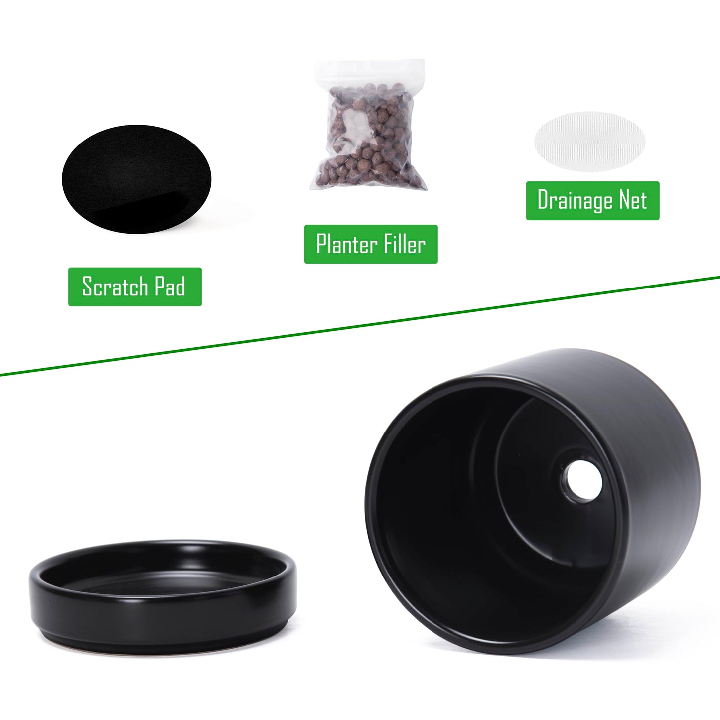 D'vine Dev Set of 2 Plants Pot, 4.7 Inch Ceramic Planter Pot for Plants with Drainage Hole and Saucer, Black, 94-V-B-2