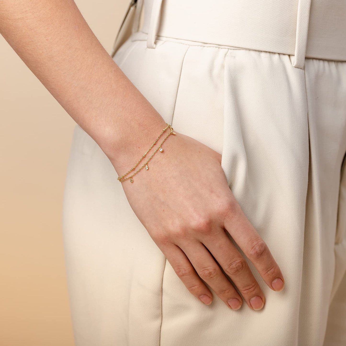 PAVOI 14K Rose Gold Plated Layering Double Chain Bracelets for Women - Cubic Zirconia Stacking Double Wrap Chain Bracelet - Cute Best Friends Jewelry