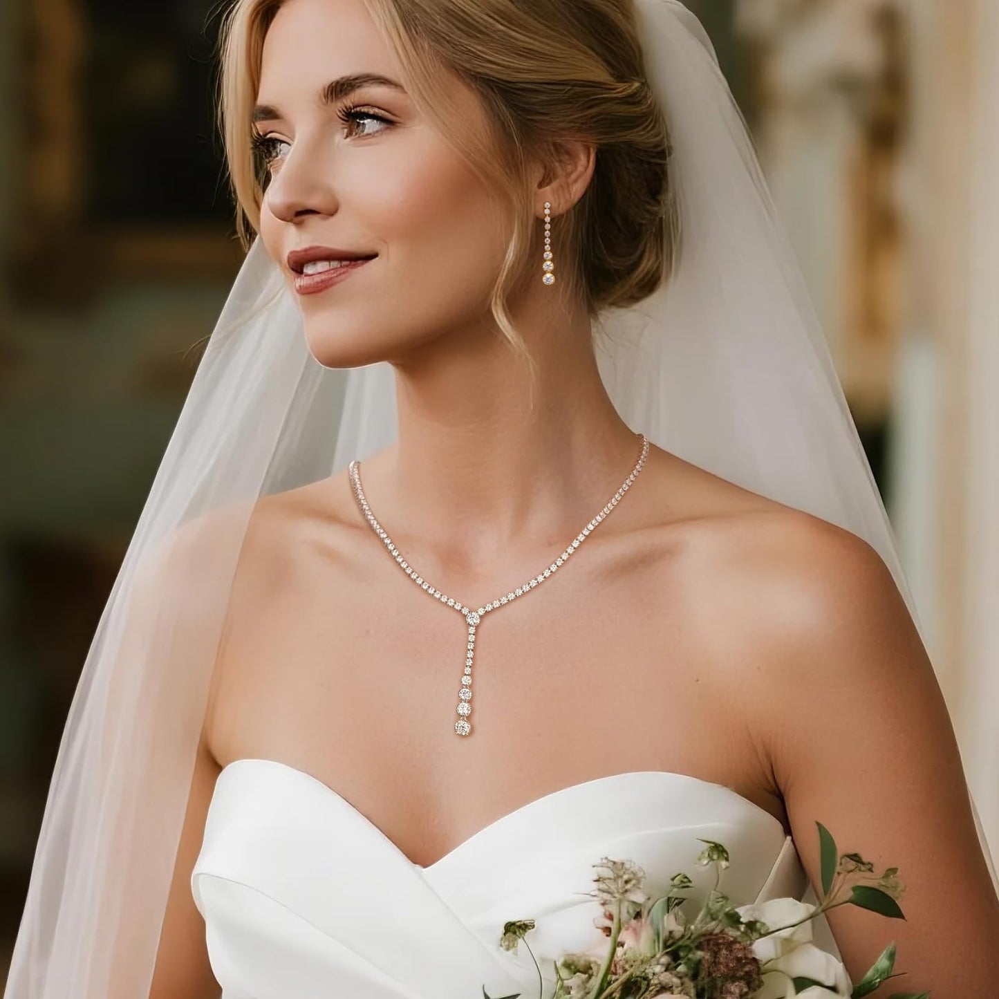 Moissanite Tennis Necklace-for-Women-Wedding-Prom-Jewelry: Lariat 18K White Gold Plated 925 Sterling Silver Rhinestone Simulated Diamond Pendant Long Chain Y Necklaces - Crystal Bridal Gifts