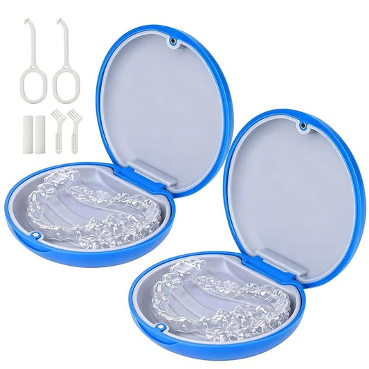 2 Pack Retainer Case, Slim Orthodontic Aligner Case Compatible with Invisalign, Removal Tool and Brush, Klein Blue