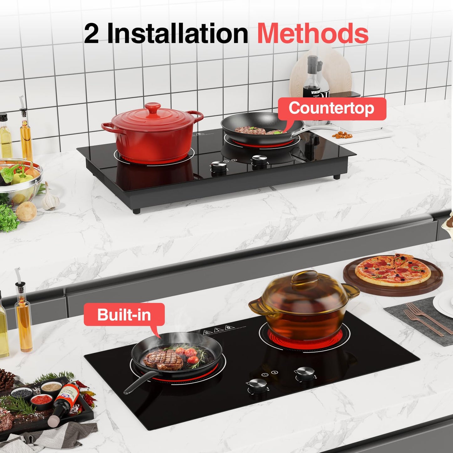 GTKZW 4000W Electric Cooktop: 24" Electric Stove 2 Burner Hot Plate Double Burner, Knob Control Countertop & Built-in, 9 Power Levels, Child Lock, Timer, Suitable for All Pans